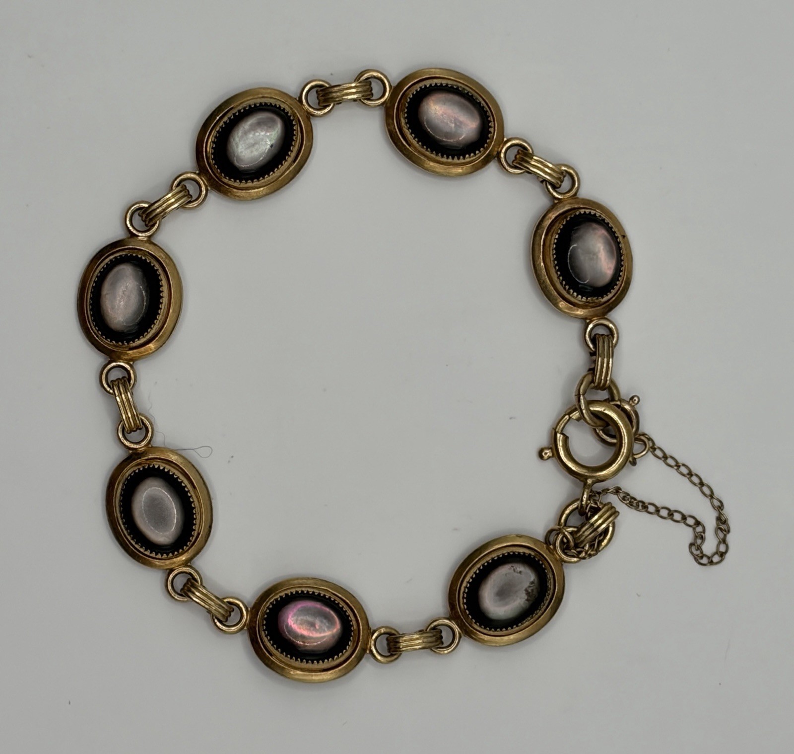 Vintage 1/20 12K Gold Filled Black Mother of Pearl MOP Oval Link Bracelet 6.25″