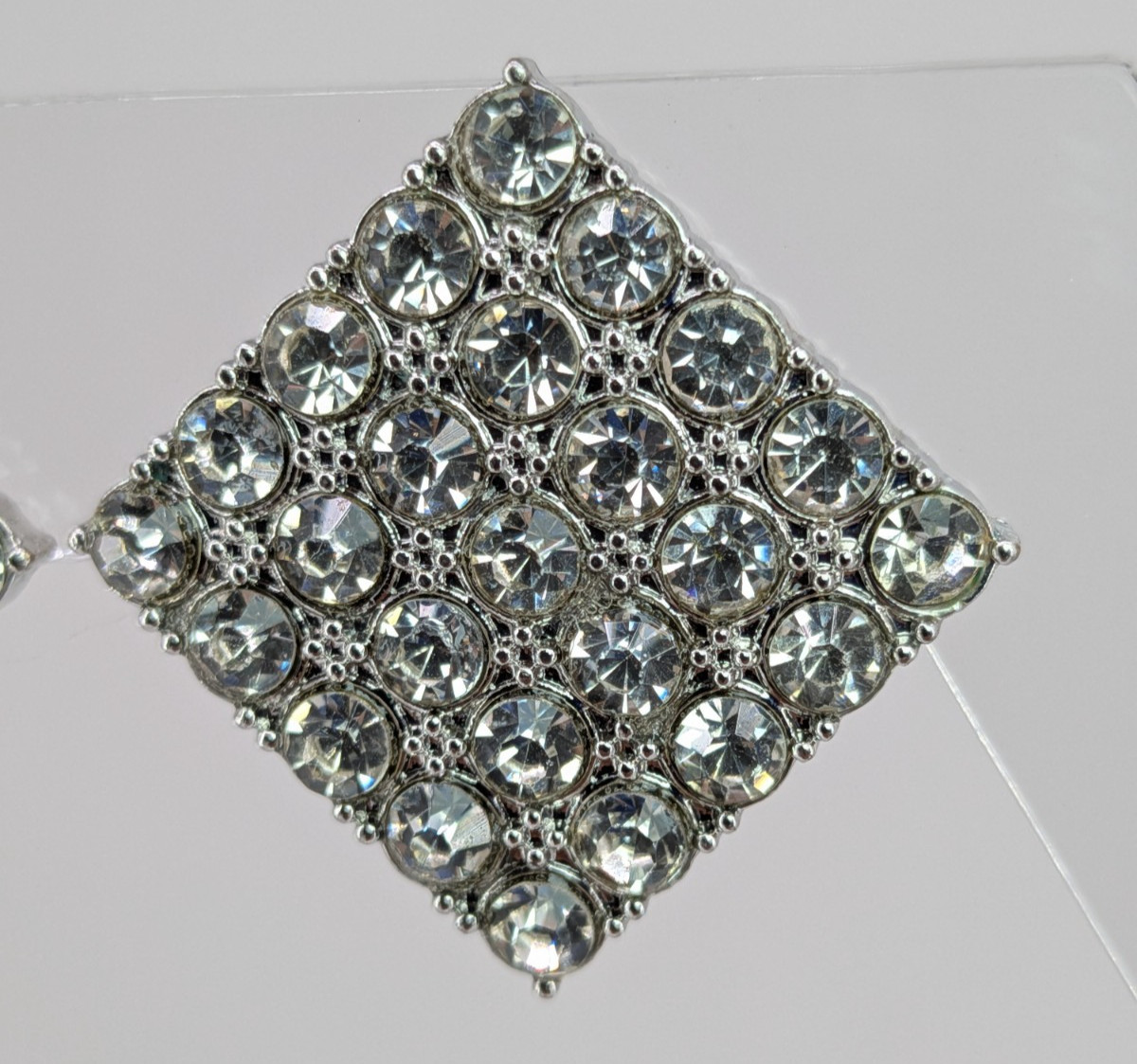 Vintage Rhinestone Stud Earrings Silver Tone Diamond Square Pave 15/16in Clear