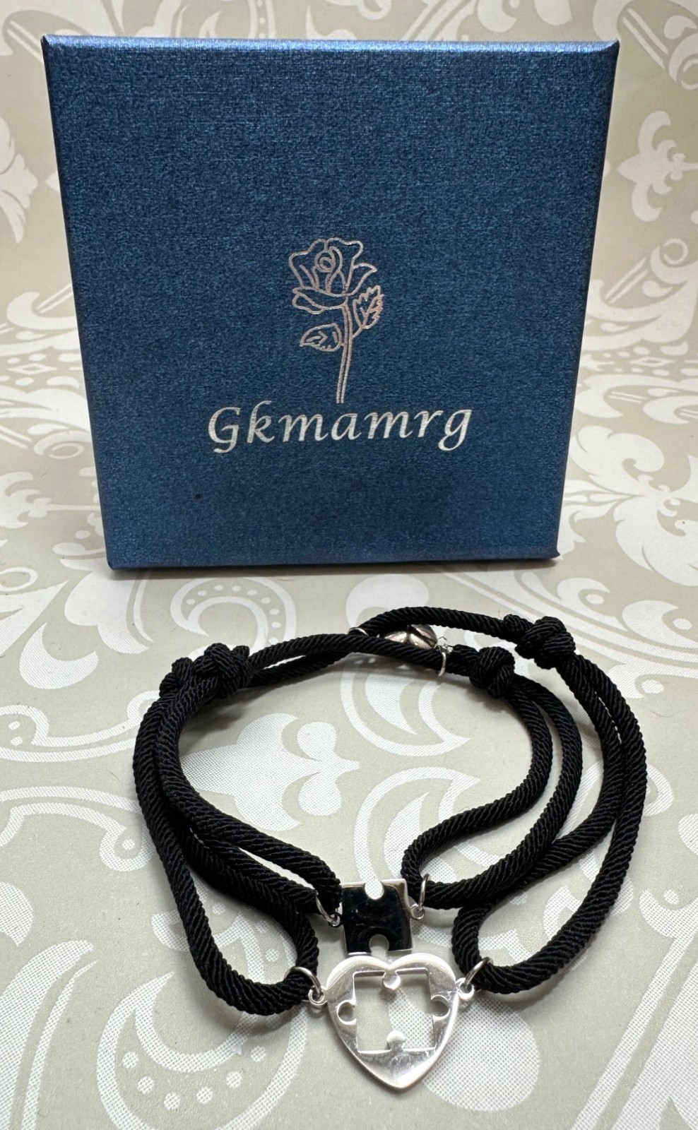 Double Strand Black Corded Silver Heart Puzzle Bracelet New in Box
