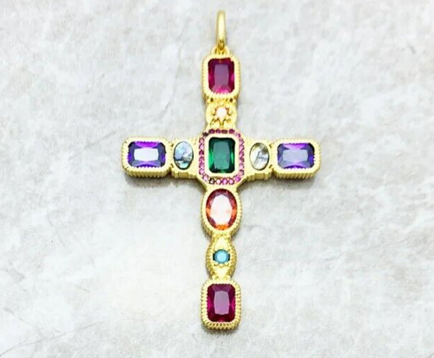 925 Sterling Silver Cross Pendant Multi Gemstone Accents YG