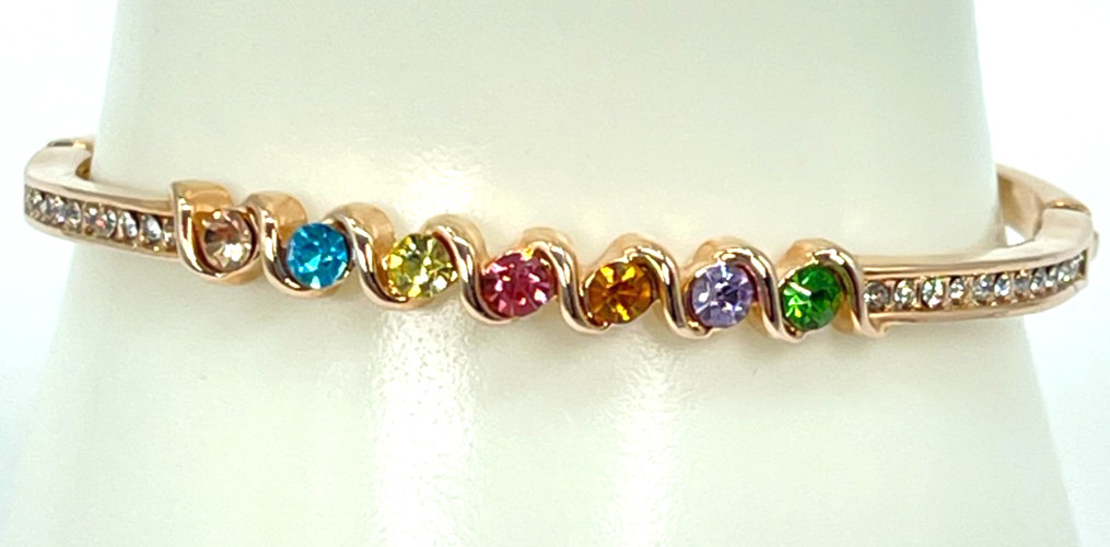 Bracelet Rose Gold Tone Hooked Bangle w/Multicolor Crystals 7″