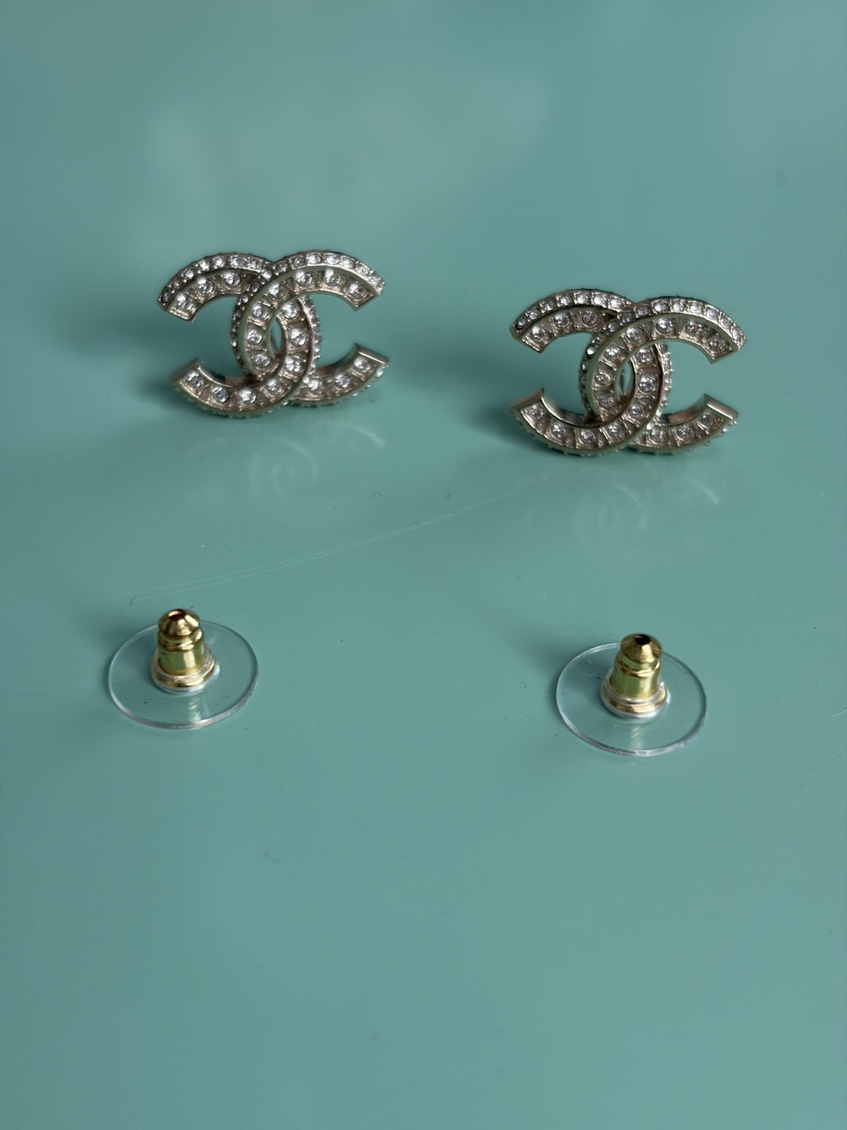 Chanel REV Transparent Crystal CC Logo Classic Statement Stud Earrings New