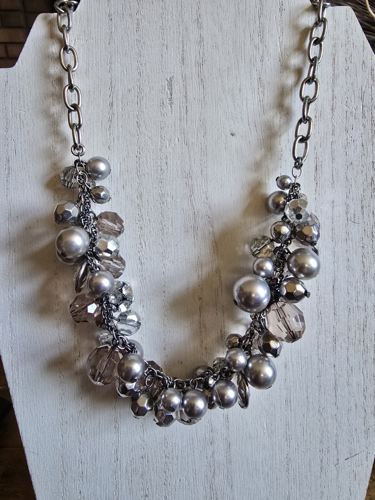 Gun Metal Disco Ball Silver Clear Beads Tinsel Necklace Metal Glass Acrylic