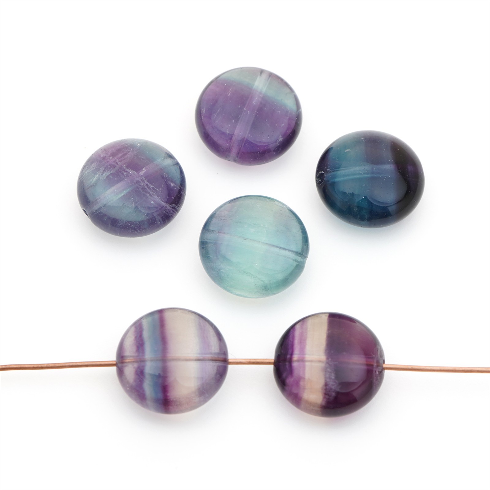6 flat round green purple fluorite beads multicolor stone lentils avg 14mm
