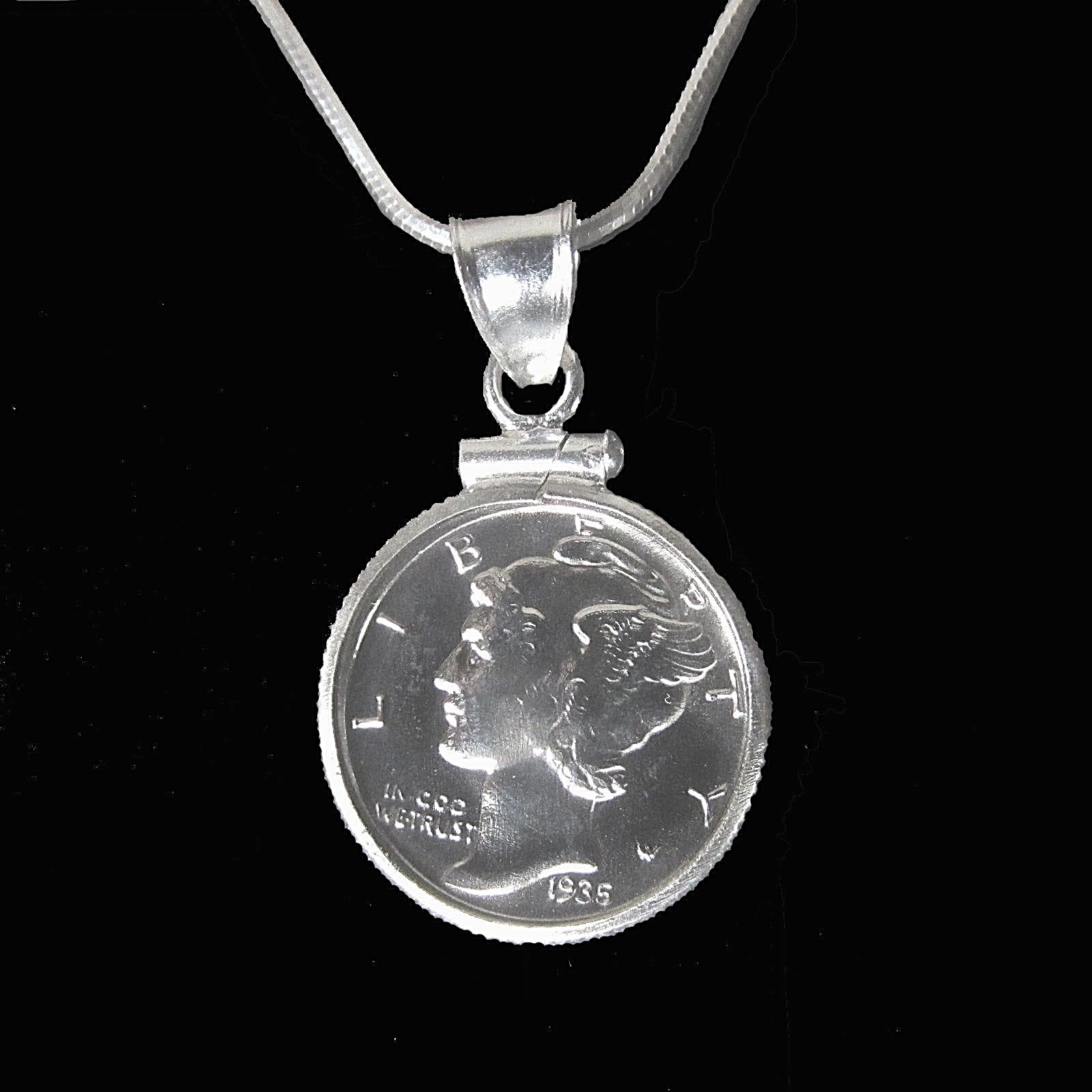 Coin Gift Set 90% Silver Mercury Dime Sterling Silver Bezel Sterling Snake Chain
