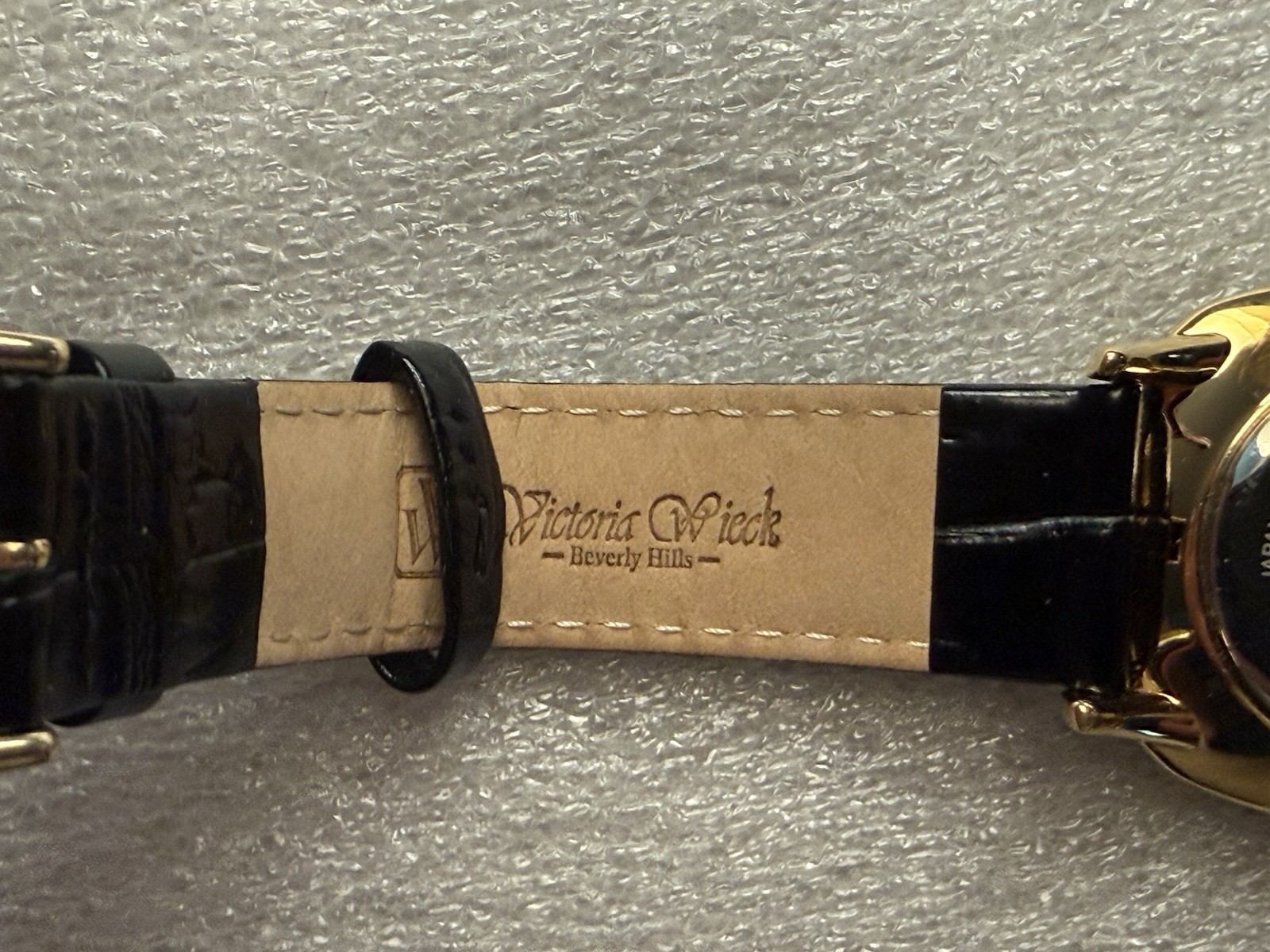 New Victoria Wieck Watch Womens Black Crystal Gold Trim Black Leather See Desc.