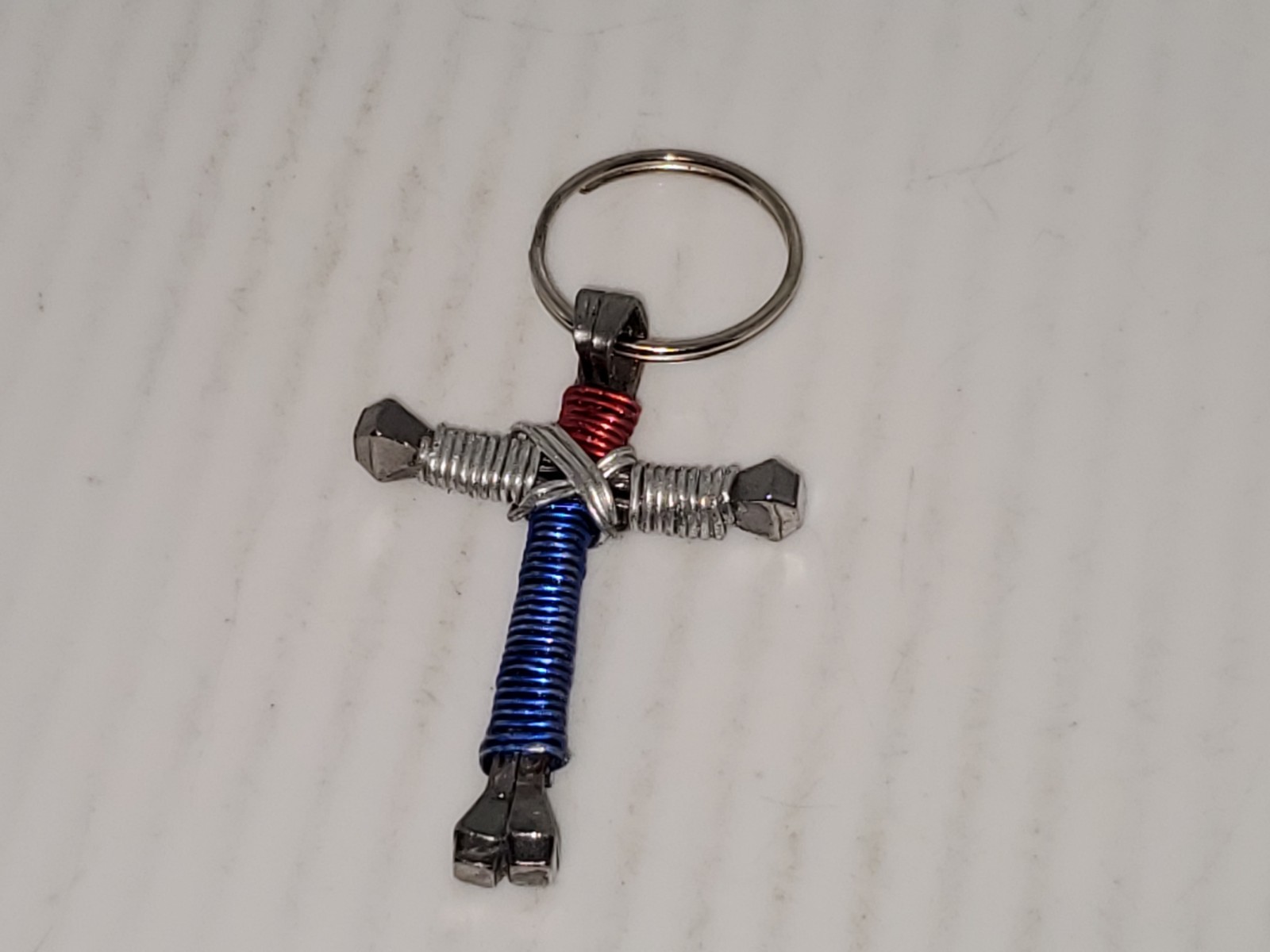 Horseshoe Nail Cross,Keychain (Red, White and Blue)