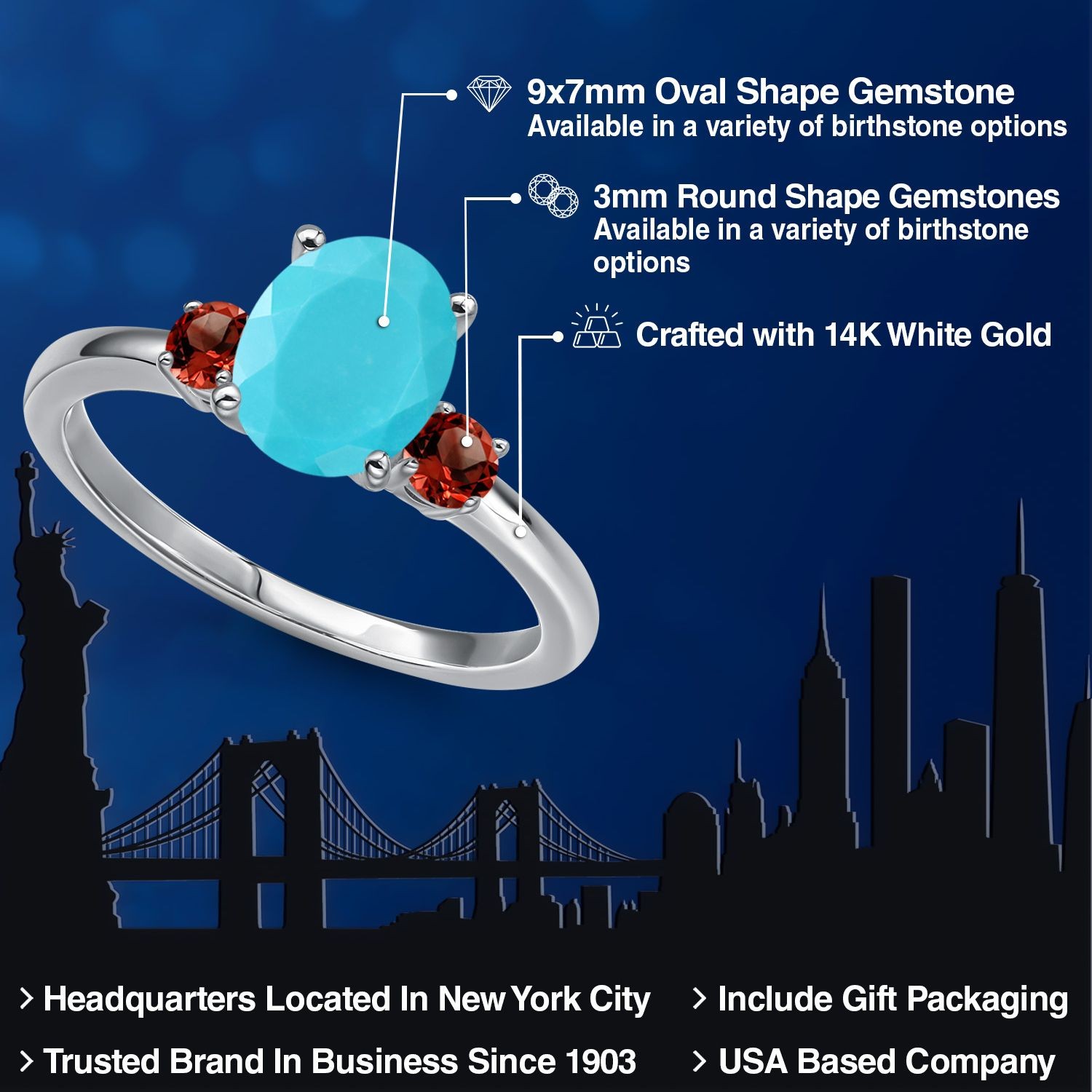 1.80 Ct Oval Green Turquoise Red Garnet 14K White Gold Ring