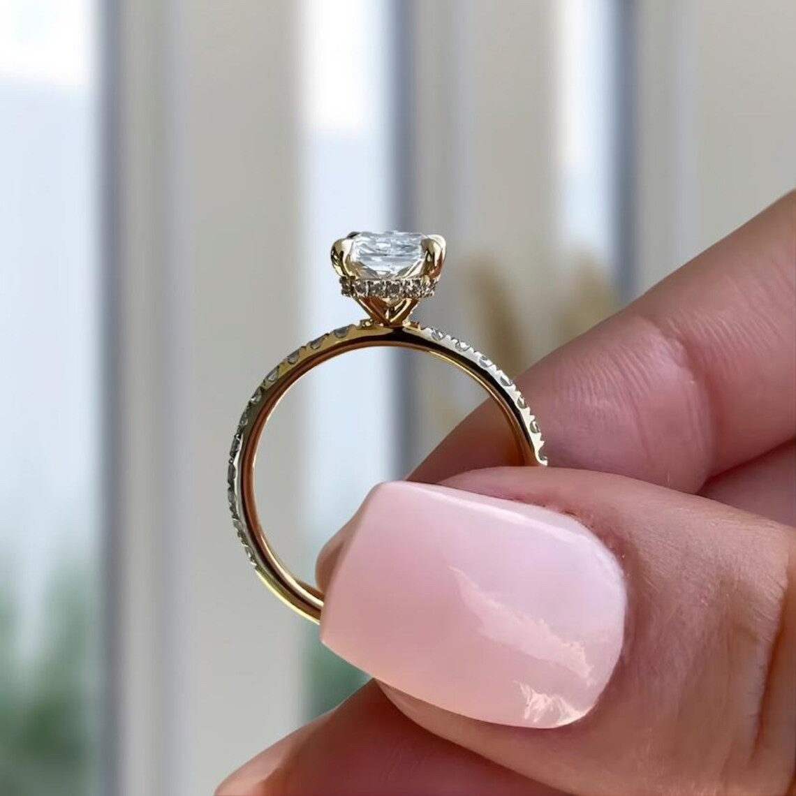 Emerald Cut Solitaire Moissanite Hidden Halo Engagement Ring For Women In 14Kt