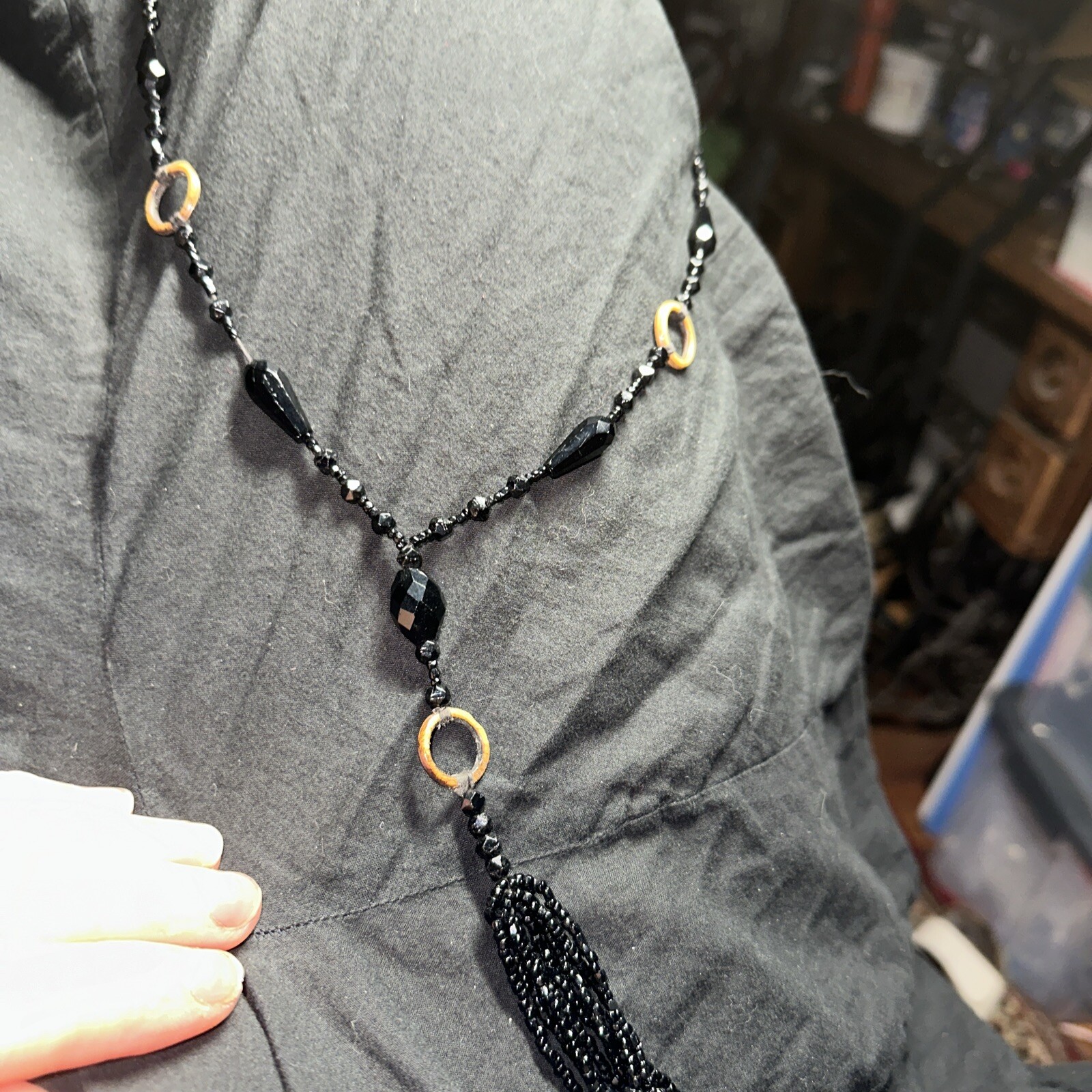 Women’s Black Beaded Mourning Sautoir Opera Length Necklace Jet Crepe Satin Anti