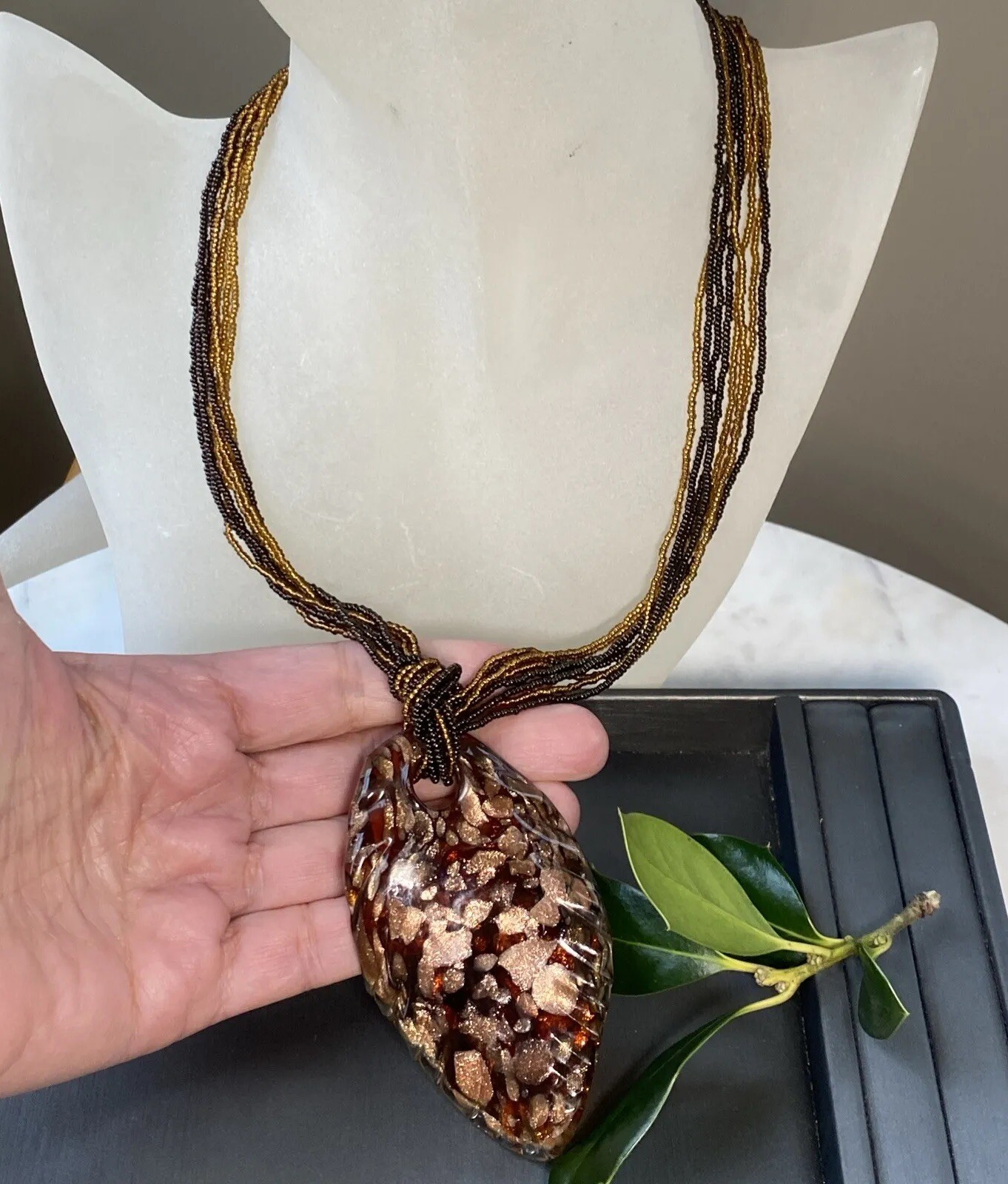 Vintage Pendant Necklace Handblown Murano Italy Art Glass 24K Gold Fleck Signed