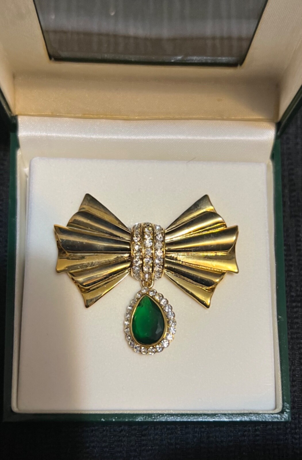 Avon Rhinestone Bow and Dangle Brooch, Signed 2004 HS Avon, 2-1/8″, In Box