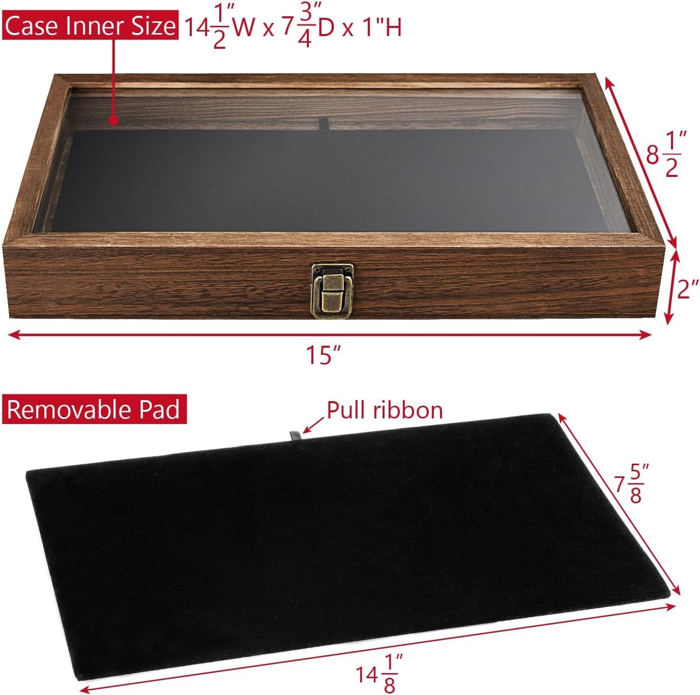 Elegant Antique Wood Jewelry Display Case with Tempered Glass Top & Velvet Pad
