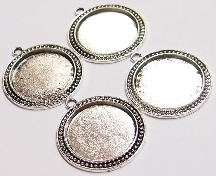 4 of 30mm Round Antique Silver Victorian Art Deco Beaded Pendant Setting 44x38mm