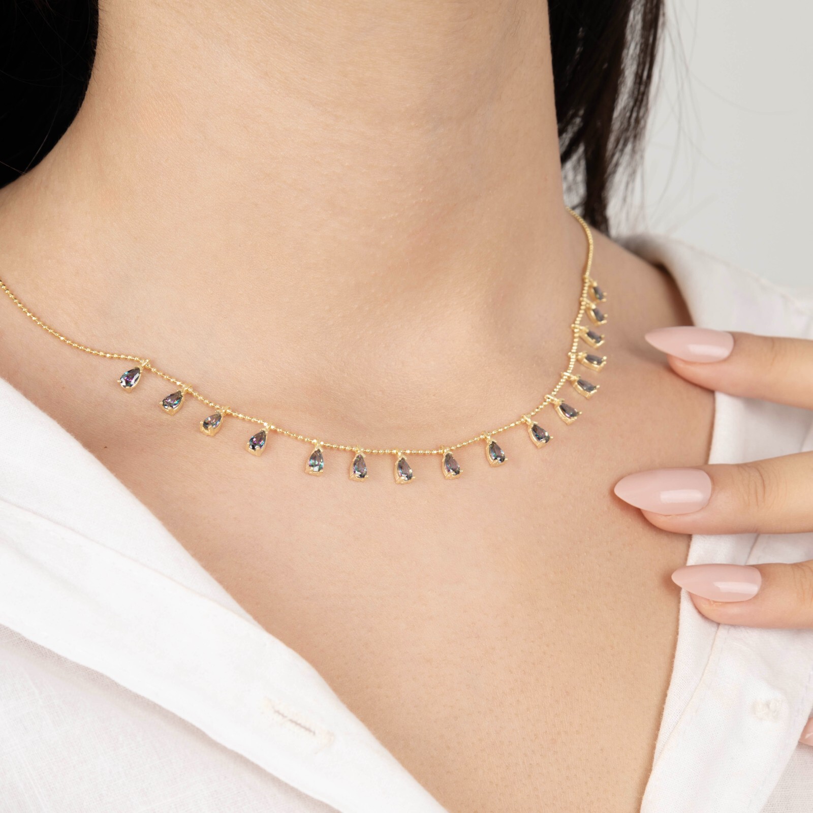 14k Gold Teardrop Alexandrite Station Necklace, Gemstone Birthstone Necklace Her
