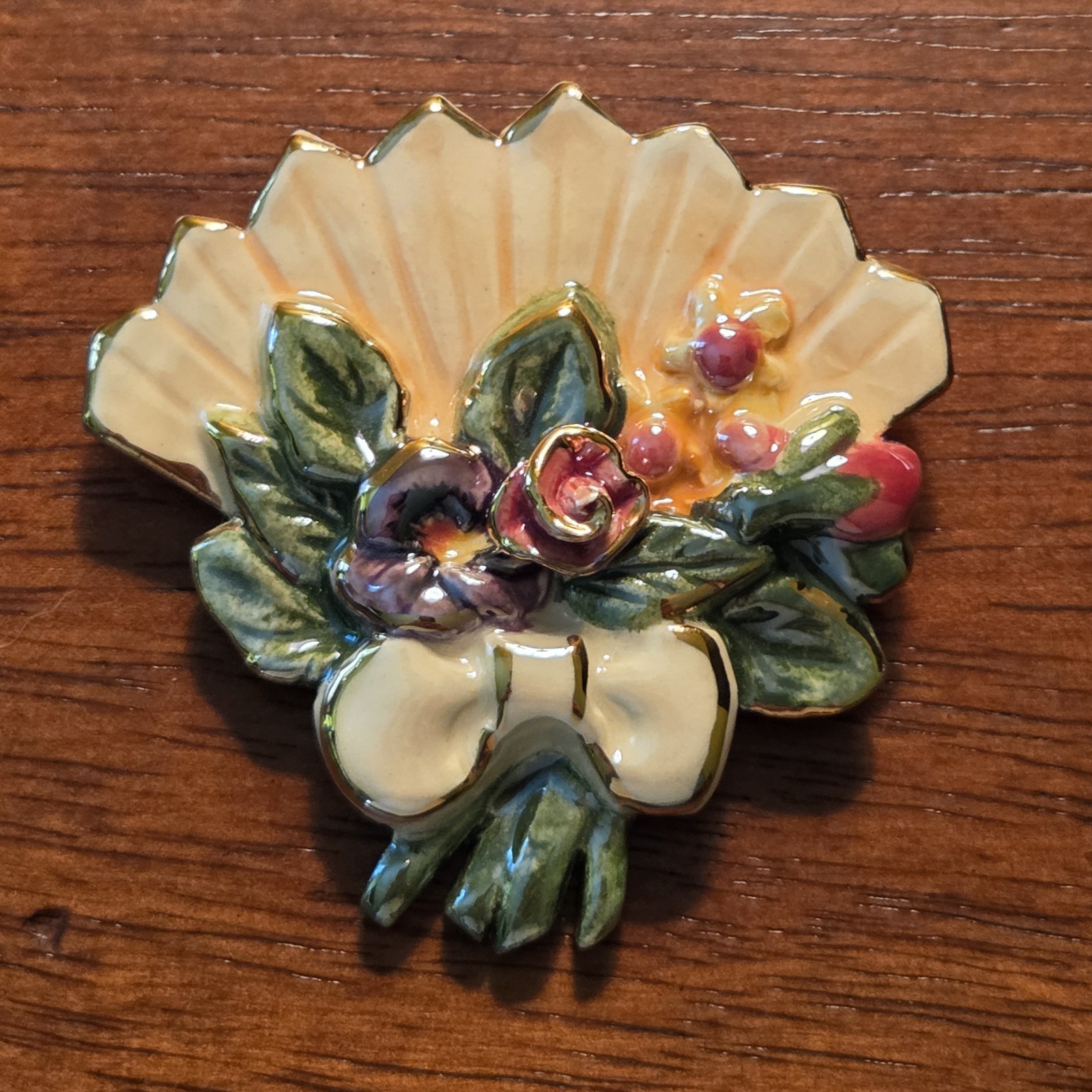 Fan Shaped Brooch Enamel On Ceramic
