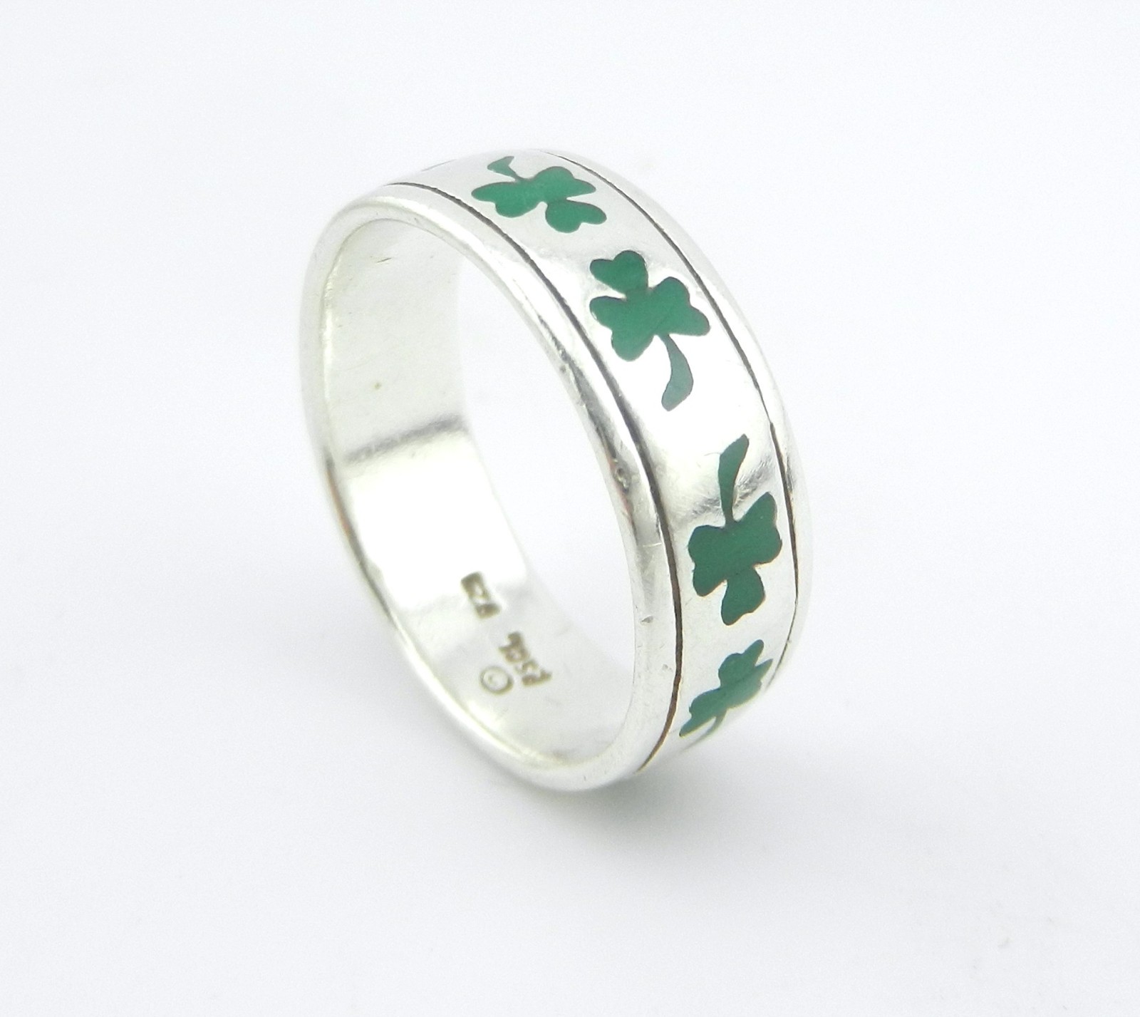 Peter Stone Green Enamel Shamrock Sterling Silver Good Luck Ring Band Sz 11 PSCL