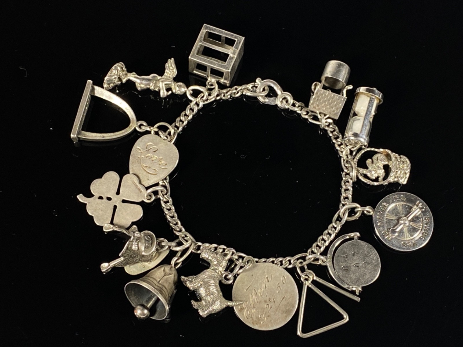 STERLING SILVER Vintage Charm Bracelet 45g Variety of 15 Charms Kinney Wells