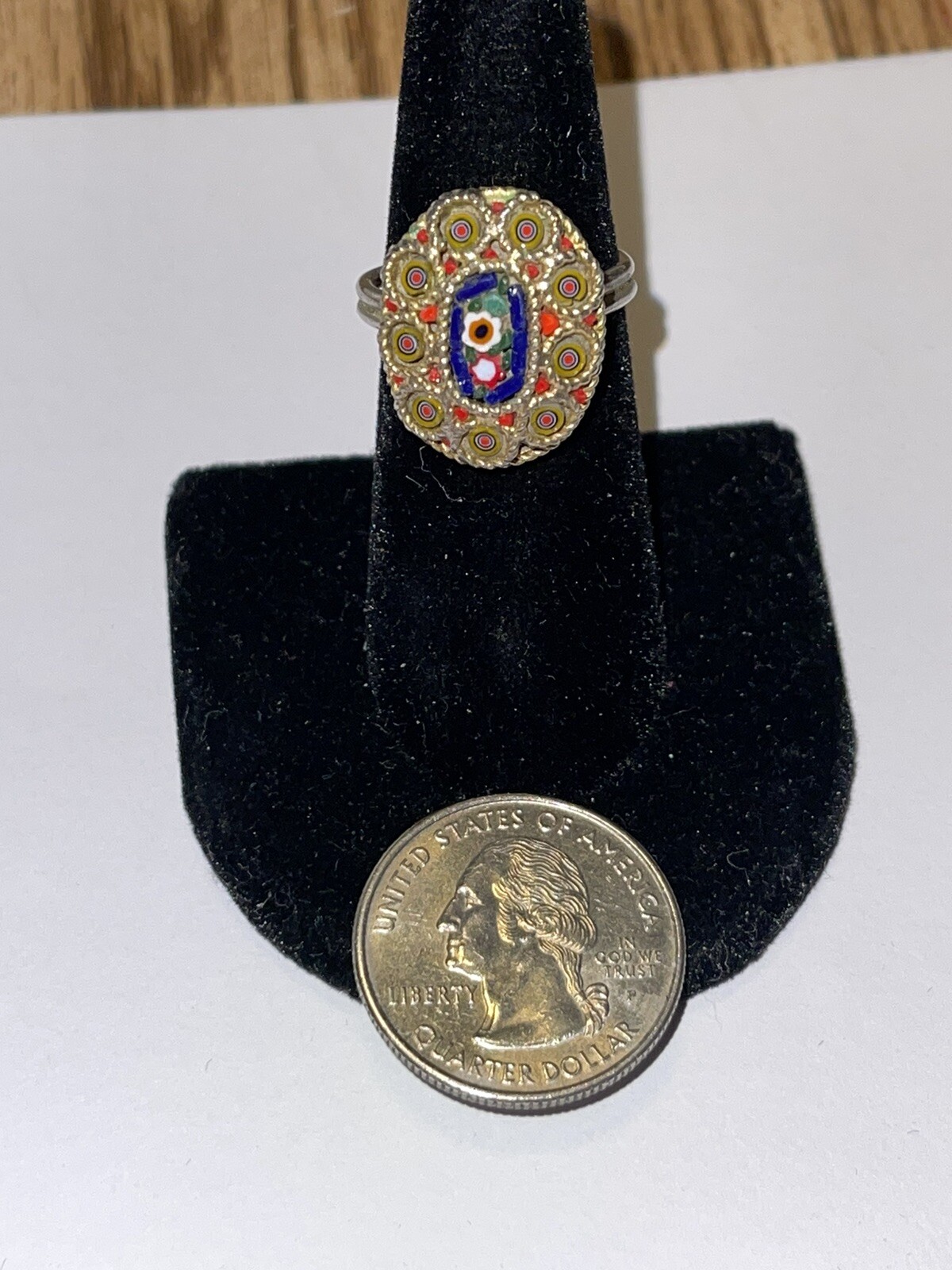 Vintage Pieter Dura Micro Mosaic Oval Goldtone Ring Italy Size 5 Adjustable