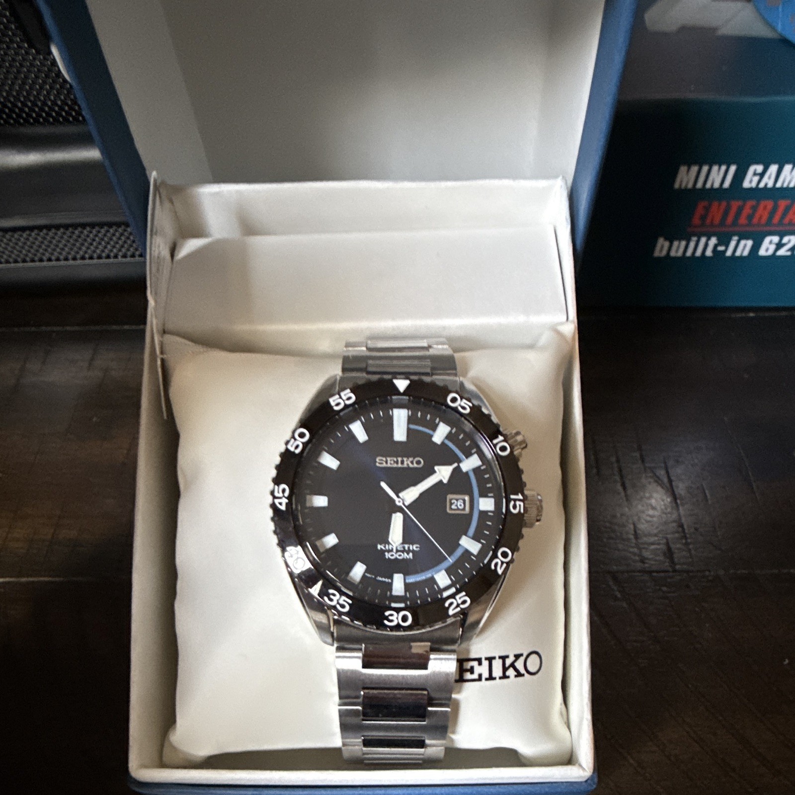 Seiko Kinetic Men’s Watch – 42mm Blue/Black Dial, 100m, Steel Bracelet w/ Box
