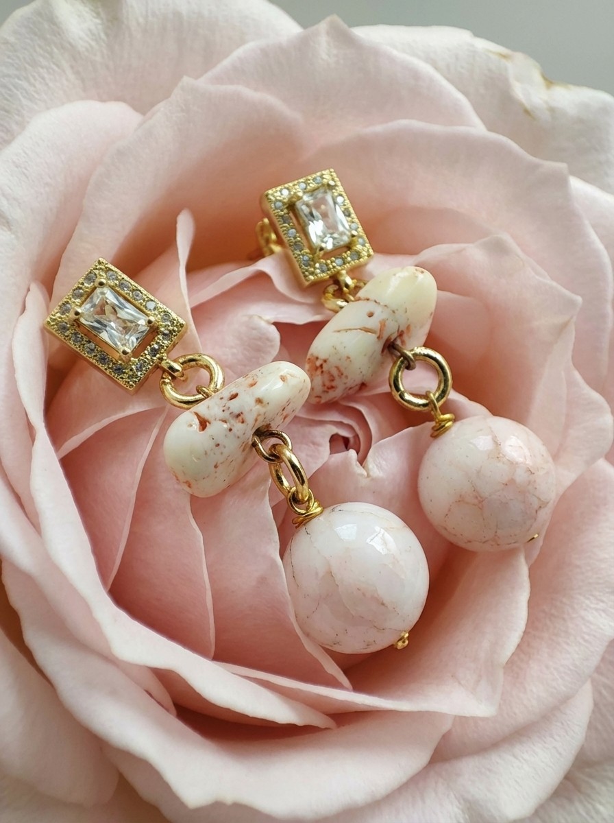 Pink Coral, Quartz and Crystal Pendant Earrings