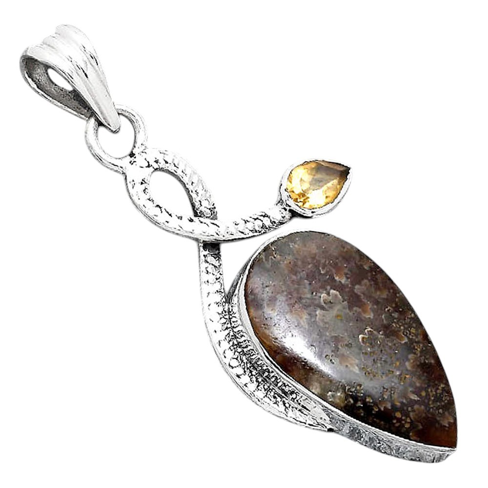 Natural Sutured Ammonite and Citrine 925 Sterling Silver Pendant Jewelry P-1111
