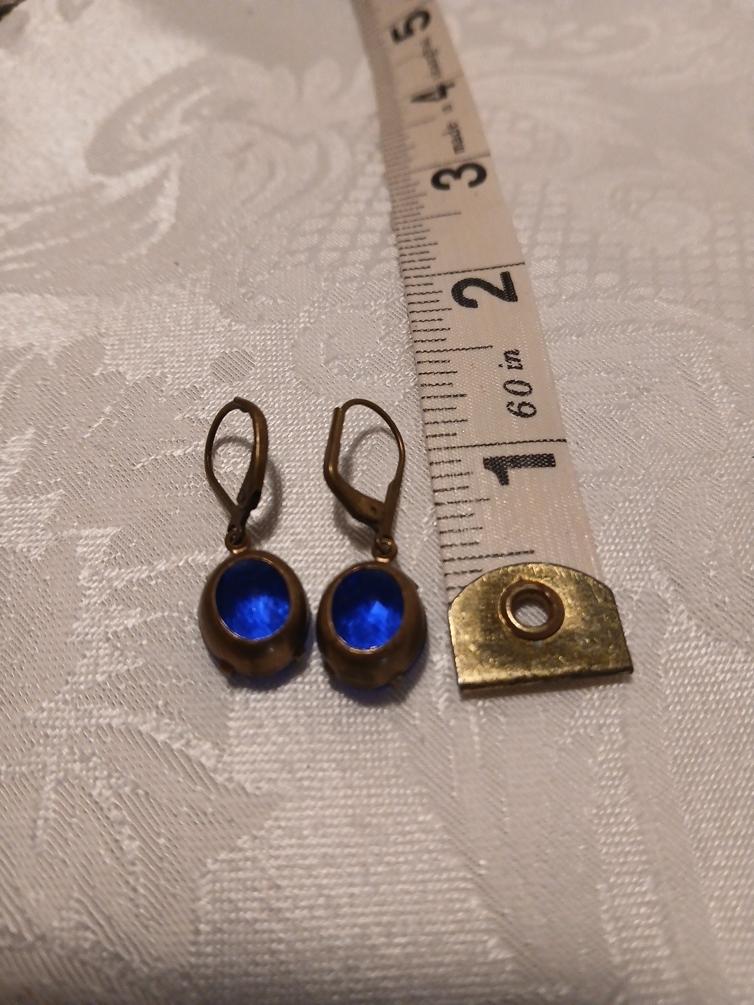 Vintage Cobalt Blue Faceted Glass Dangle Earrings, Brass Metal Prong, 1″