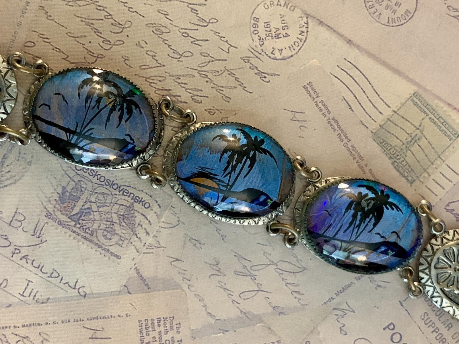 Vintage Art Deco Blue Morpho Butterfly Wing Tropical 1920’s Bracelet Earring Set