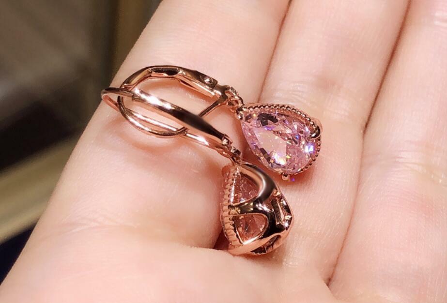 Water Drop Rose Gold Pave Pink Cubic Zirconia Stud Drop Dangle Hoop Earrings
