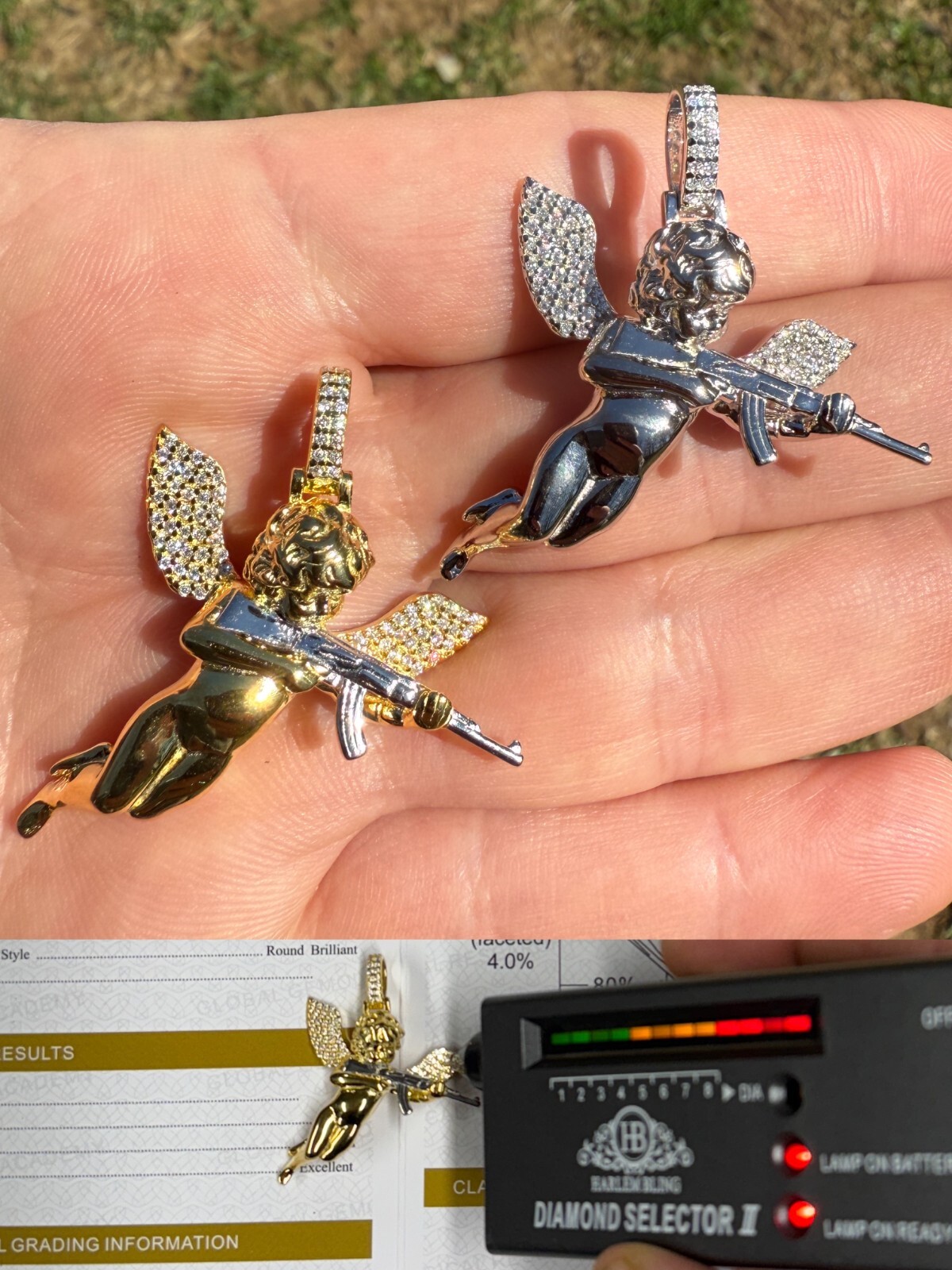 Cupid Cherub Angel W. AK47 Gun Pendant 925 Silver / Gold MOISSANITE Necklace
