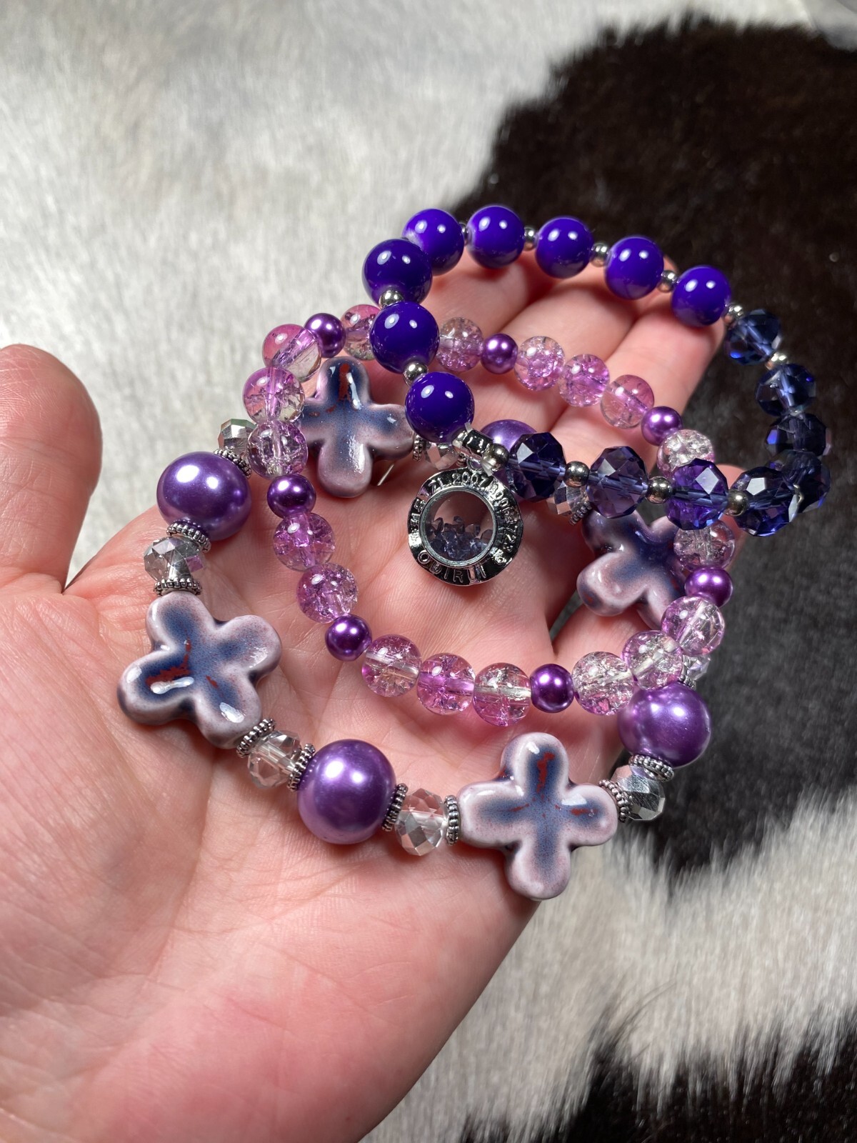 Stackable Beaded Bracelets PURPLE crystal charms Beaded Stretch Bracelet 3 pcs