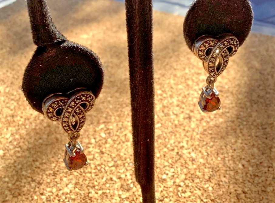Designer Sterling Silver Marcasite & Garnet Dangle Drop Earrings Signed ACI