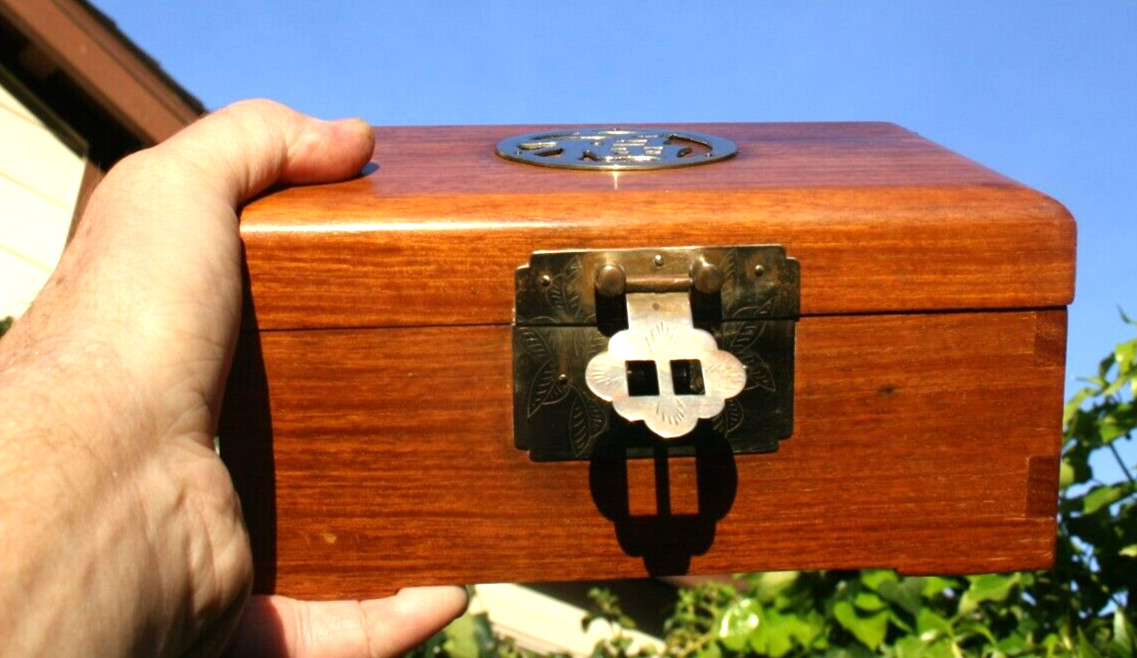 Vintage Chinese Wood & Brass Jewelry Box with Gold Silk Lining Dovetailed