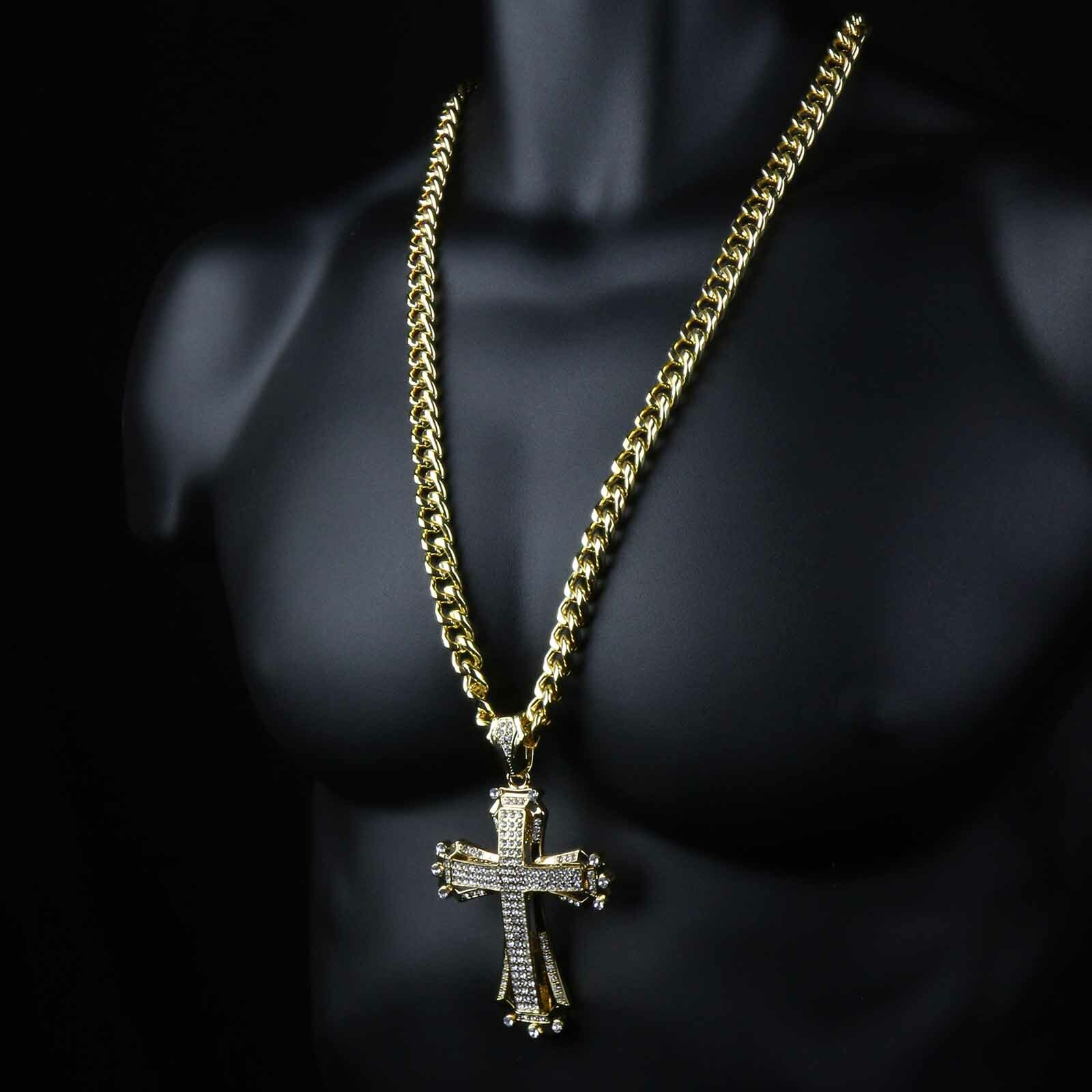 Hip Hop Gold Plated Large HOLLOW CROSS Pendant Cubic-Zirconia 30″ Cuban Chain