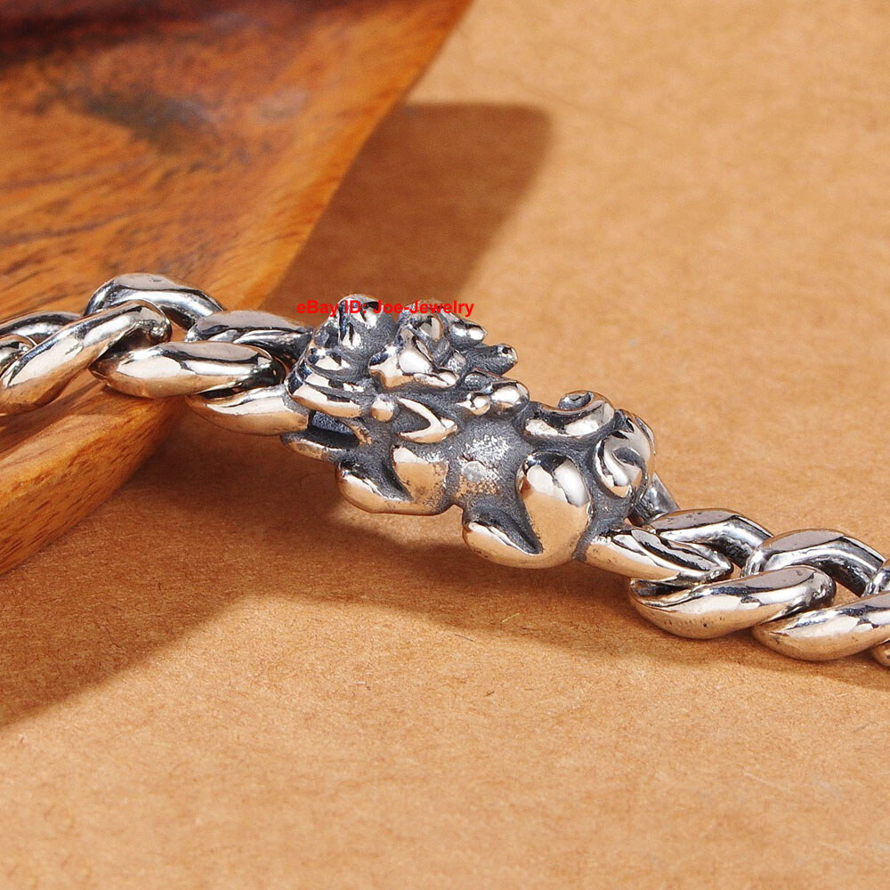 Real 925 Sterling Silver 8mm Curb Link Pixiu Men’s Bracelet 7.48inch 34-35g