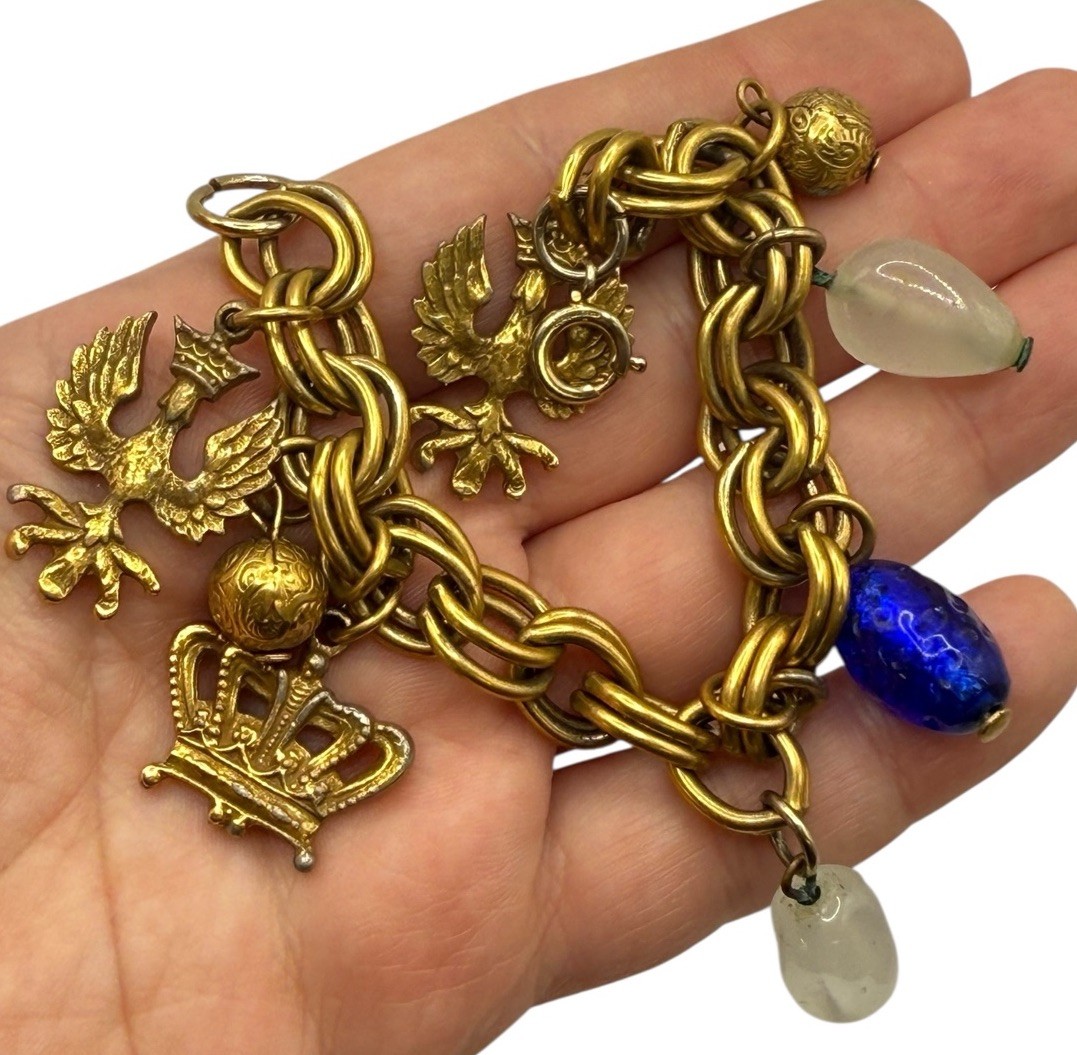 Vintage Charm Bracelet Royal Eagle Crown Glass Beads Link Gold Tone