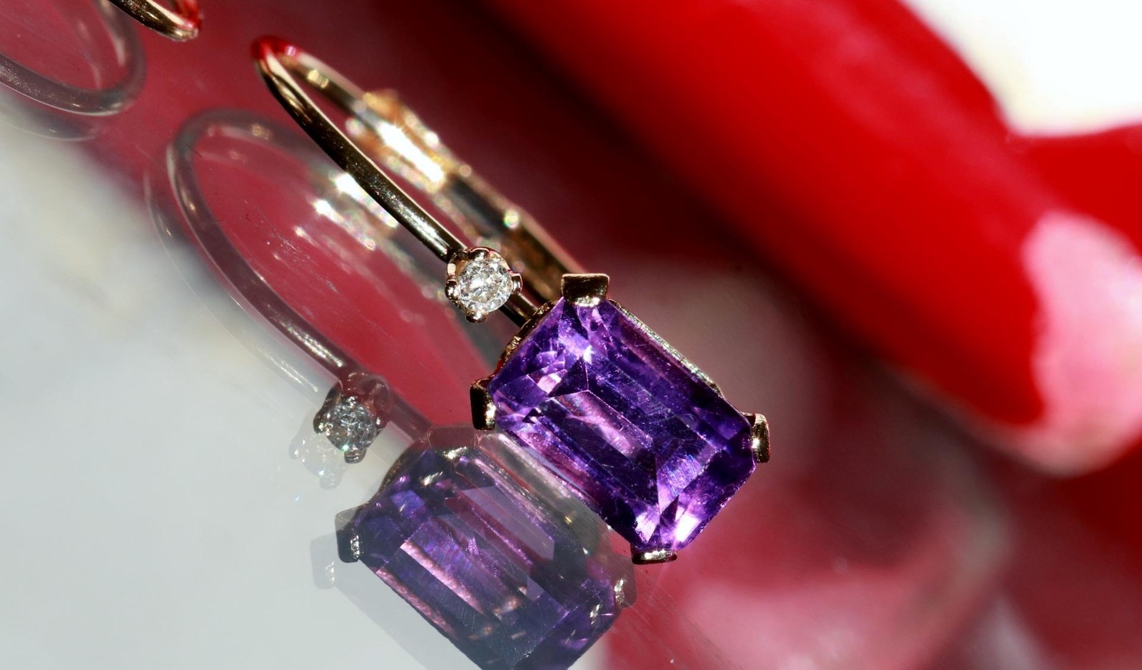 14k yellow gold earrings 0.82ct amethyst diamond 0.61″ dangle 0.91gr N3685
