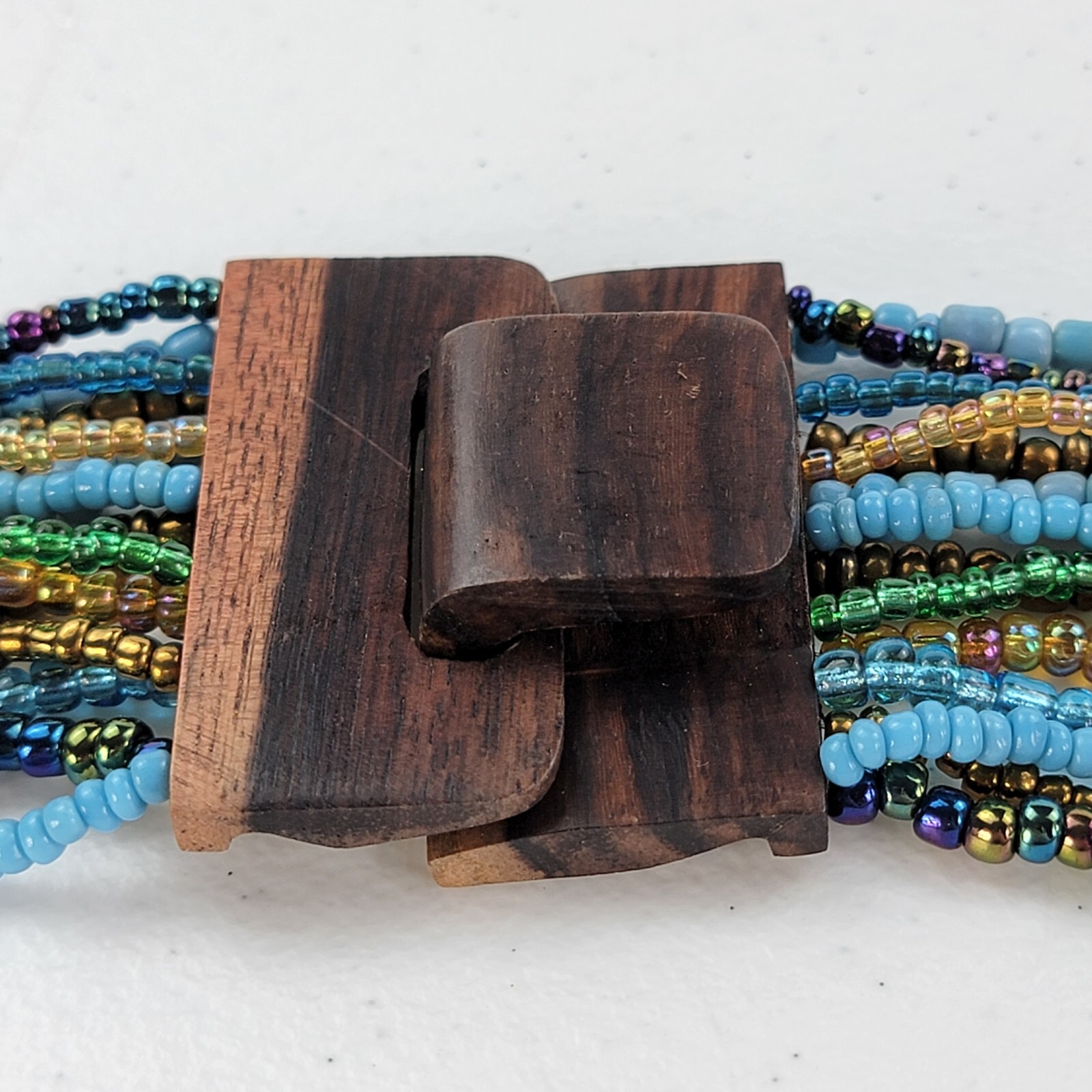Vintage 14-Strand Multicolor Seed Bead Statement Necklace 20.5 in Wooden Clasp