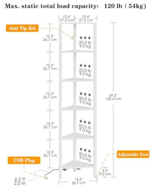 Corner Shelf with LED Light, 6-Tier Corner Bookshelf, 6-Tiers White With Lights