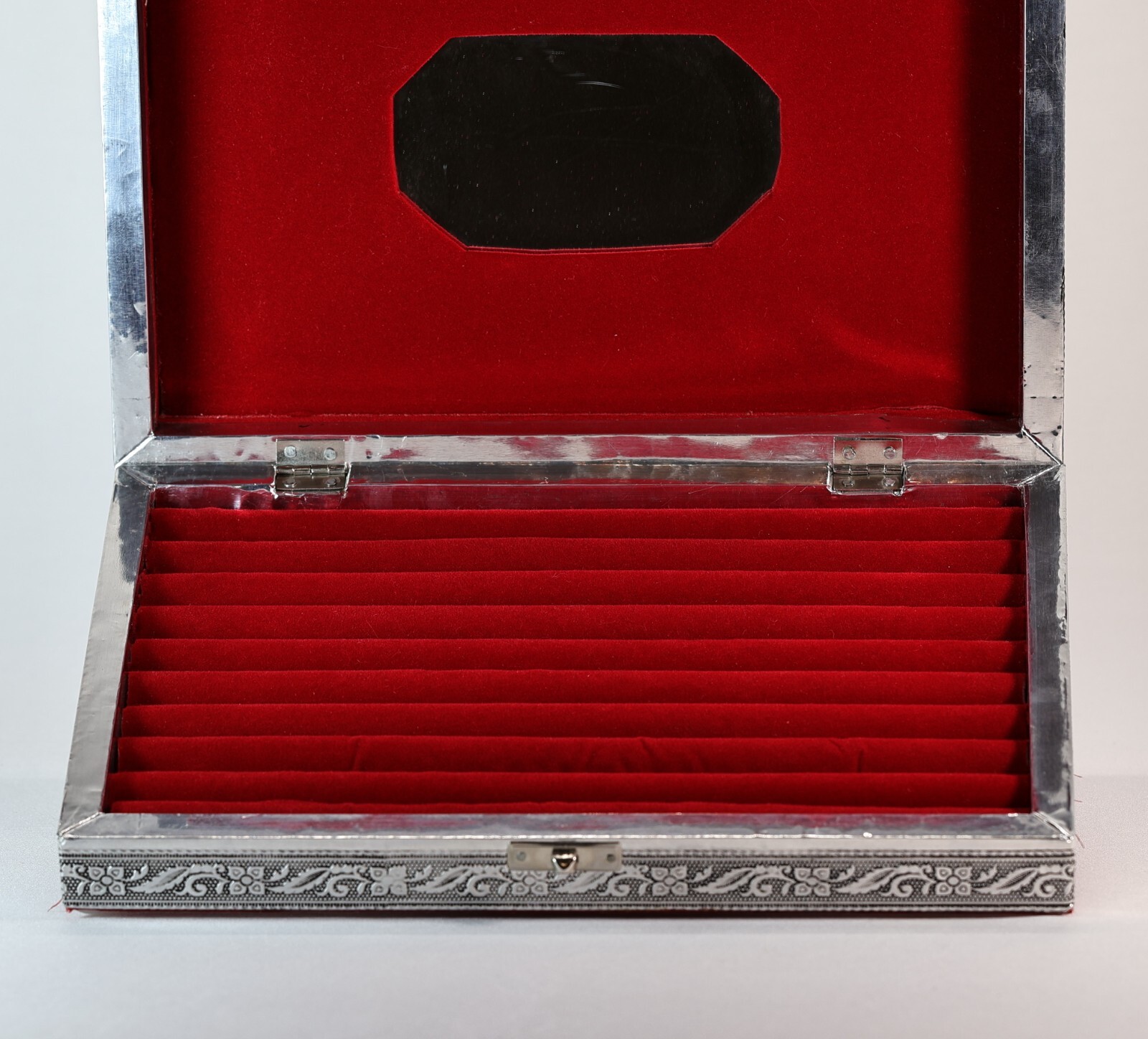 Vintage Silver Tone Taj Mahal Ring Jewelry Box Red Velvet Lined Mirror Large