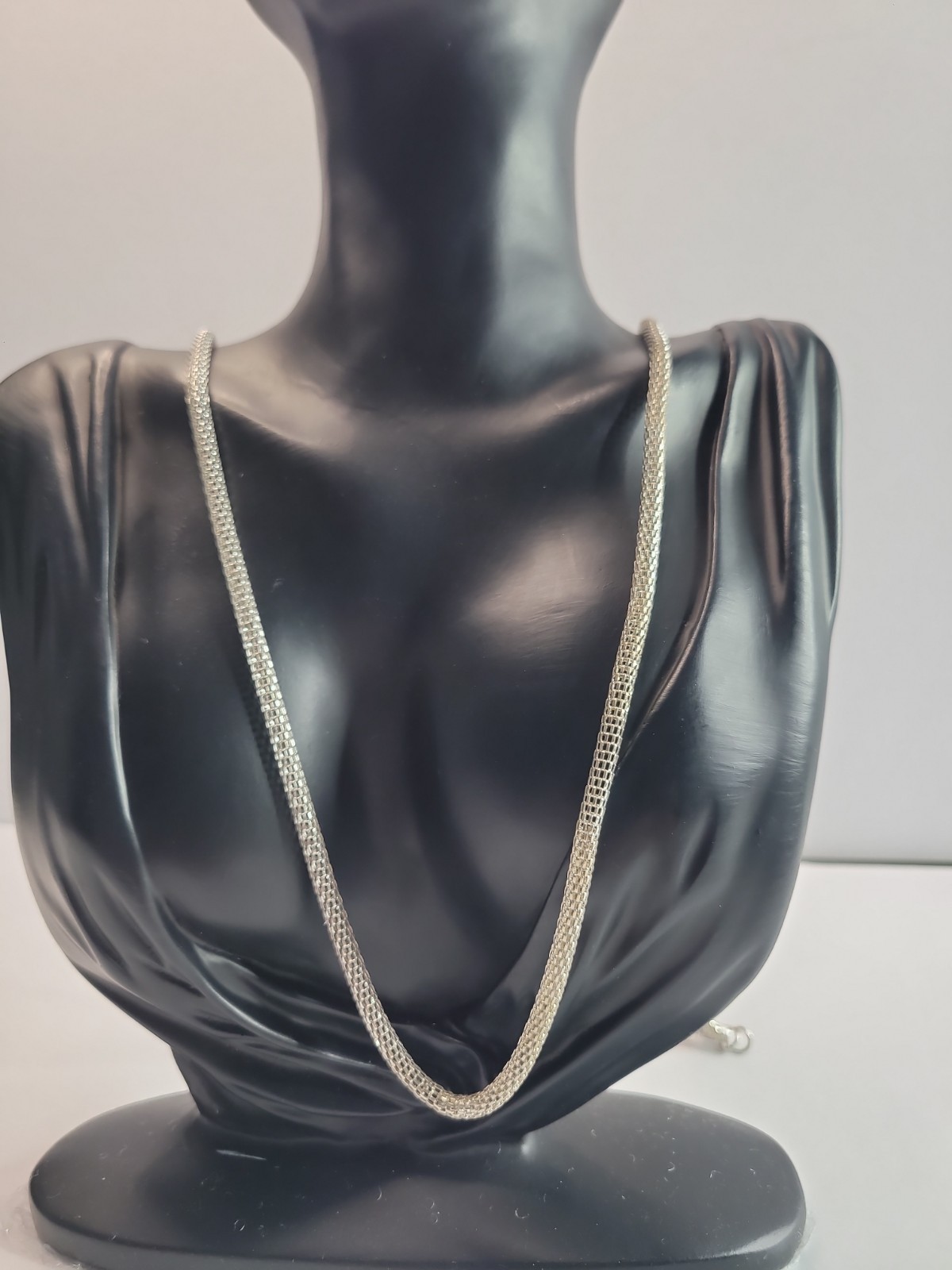 Silver Tone Mesh Snake Chain Necklace Flat Woven Herringbone Style Minimalist