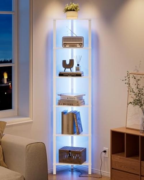 Corner Shelf with LED Light, 6-Tier Corner Bookshelf, 6-Tiers White With Lights