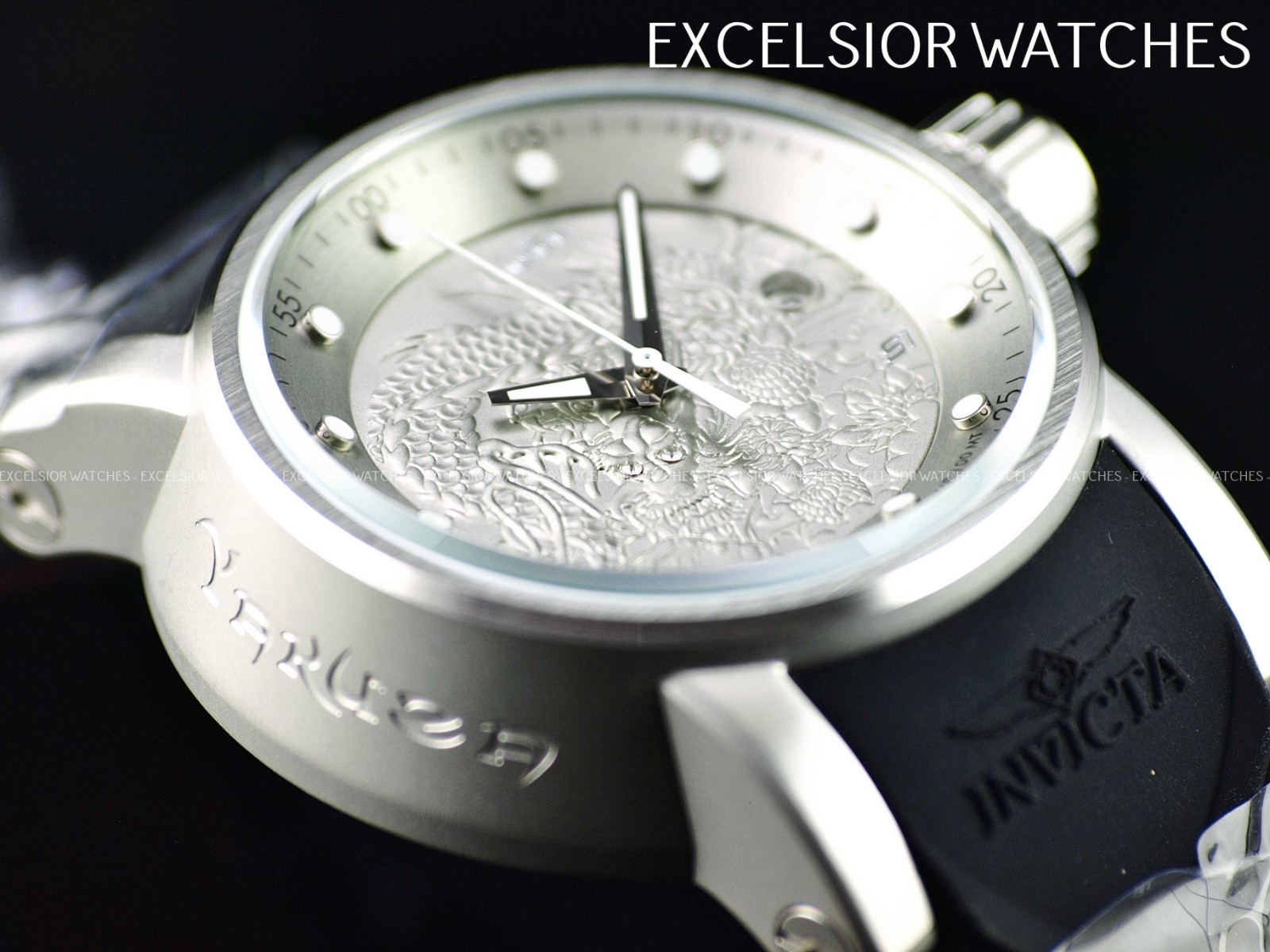 Invicta 48mm S1 YAKUZA DRAGON NH35A Automatic Silver Dial Black Silicone Watch