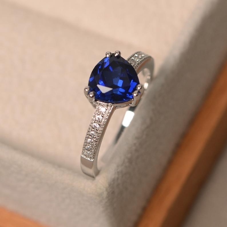 2.15 Ct Trilliant Natural Sapphire Diamond Engagement Ring 14K White Gold Size 8