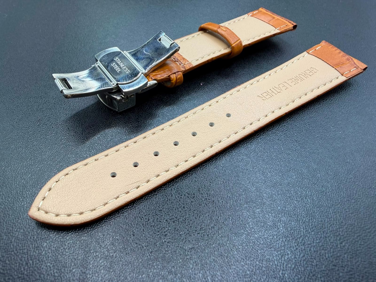 Orient 20mm Tan Brown Leather Croc Strap with Silver Deployment Clasp