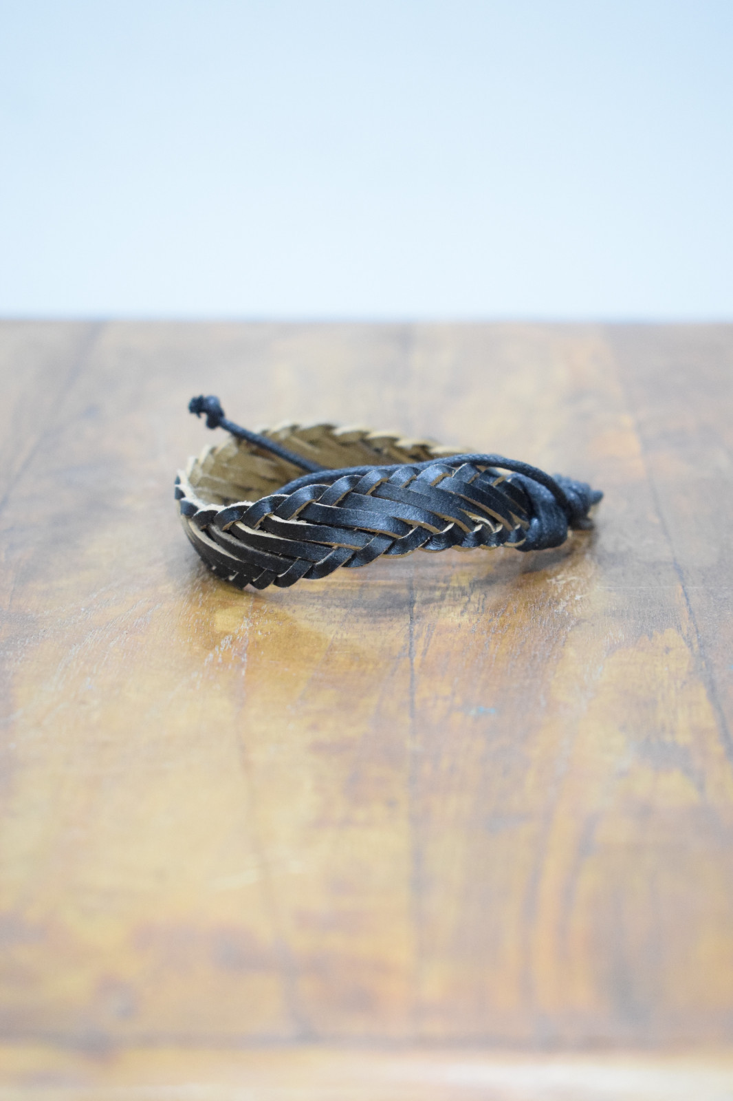Bracelet Leather Black Flat Woven Tie Bracelet
