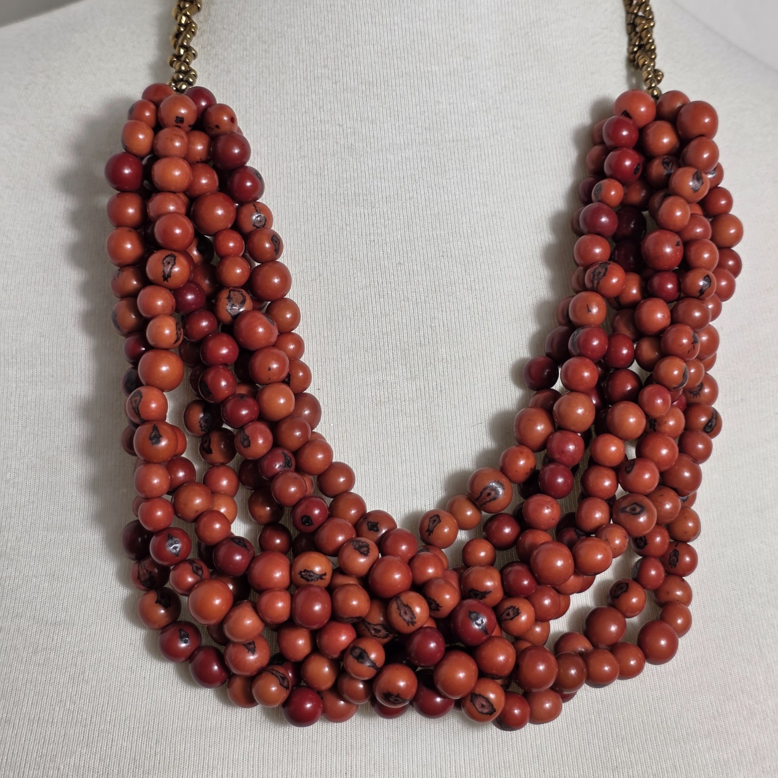 Multi-Strand Dyed Coral Colored Acai Seed Bead Necklace Gold Seed Bead Accents