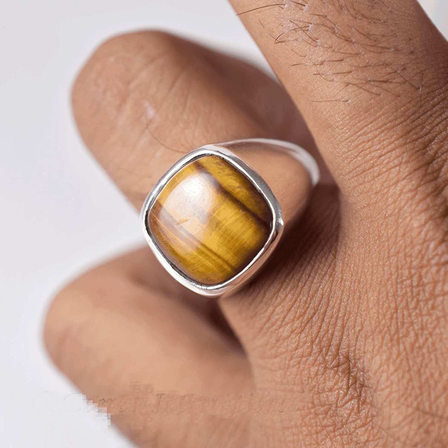 Solid 925 Sterling Silver Natural Brown Tiger’s Eye Cushion Men’s Unisex Ring