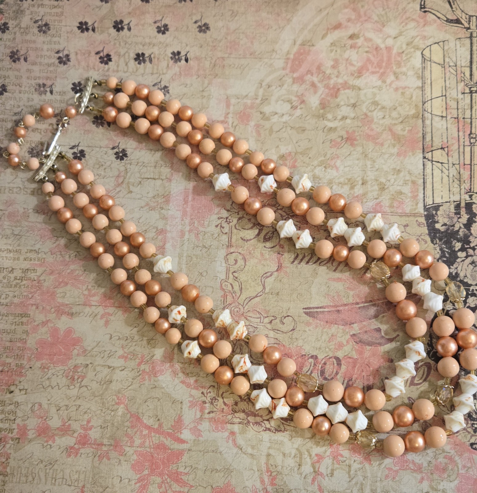 Vintage Japan Triple Strand Bead Necklace with Gold Tone Peach & Cream 19 In