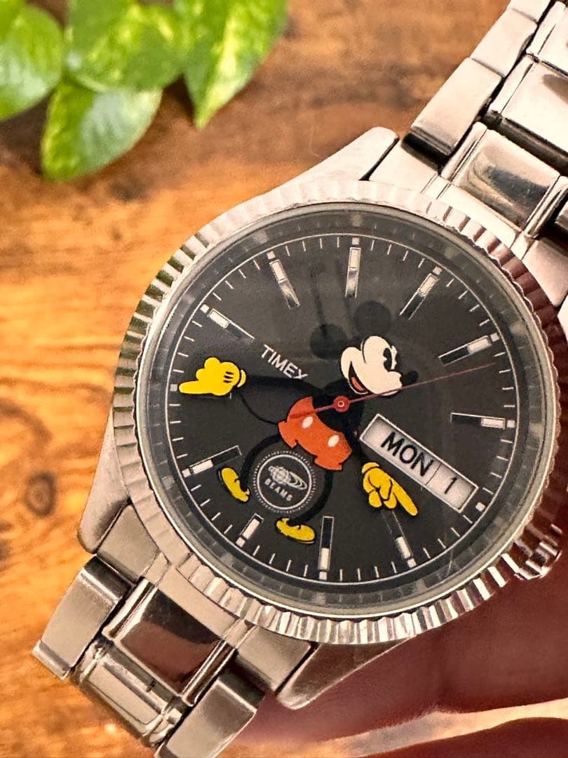 BEAMS × TIMEX Mickey Mouse Wristwatch Black/Silver Anime Manga from Japan Used